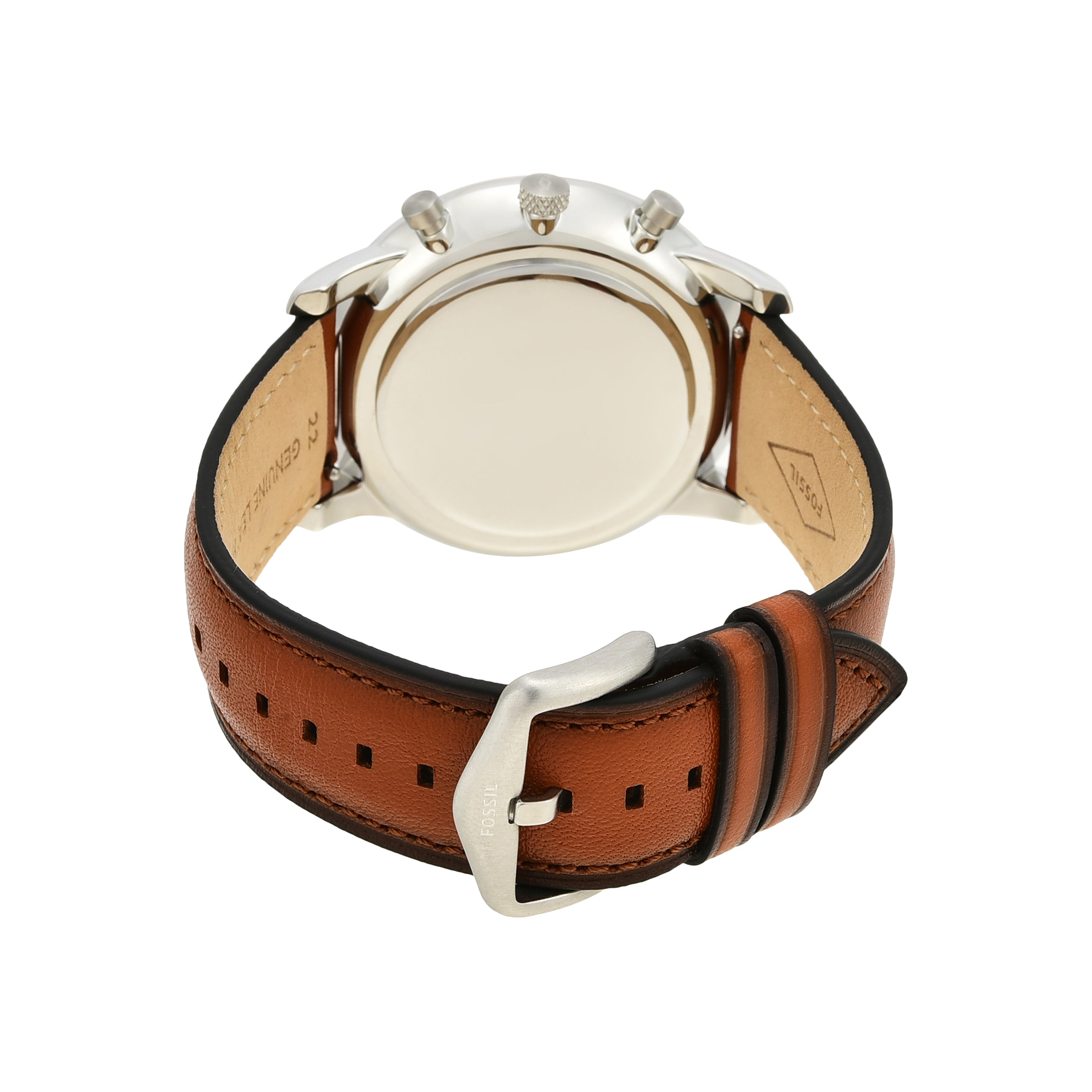 Wristwatch with a silver case and brown leather strap.