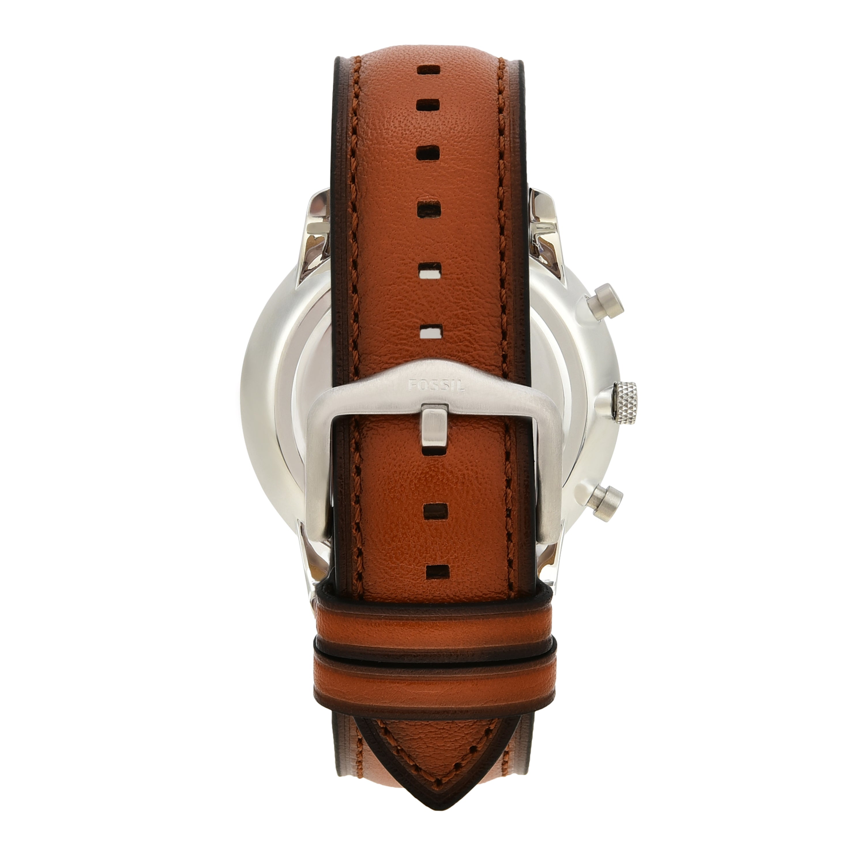 Brown leather watch strap attached to a silver watch case.