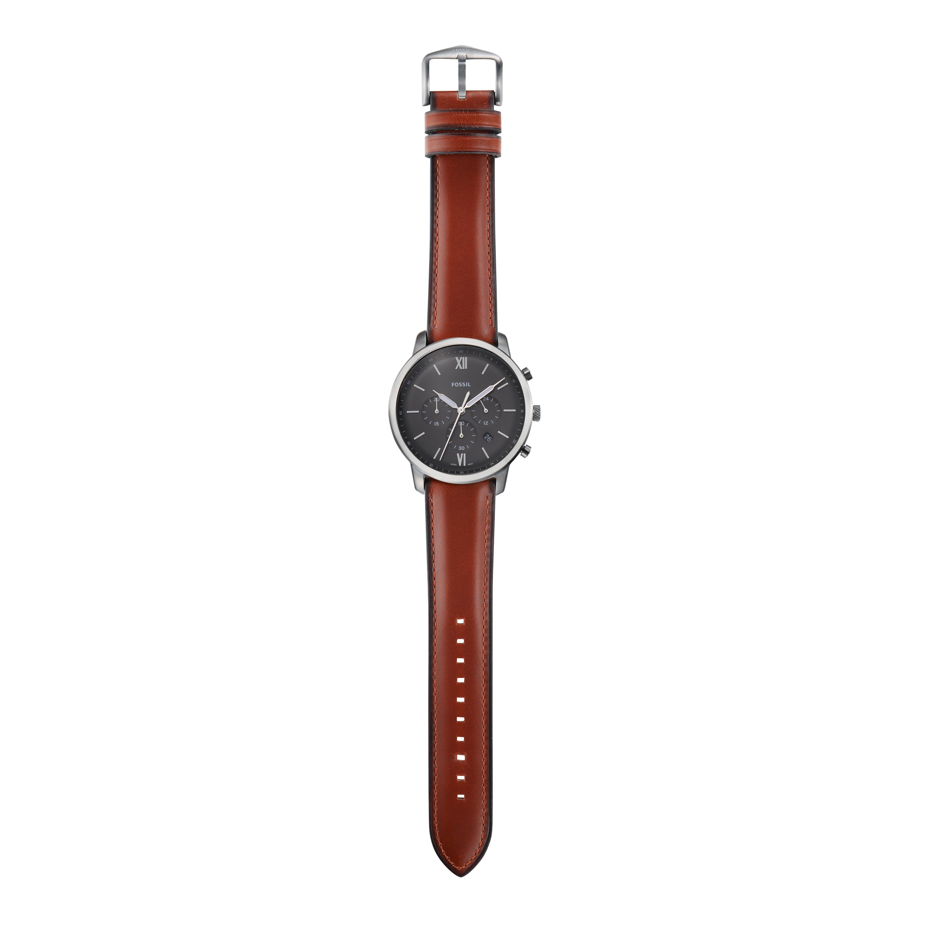Wristwatch with a brown leather strap and dark round face.