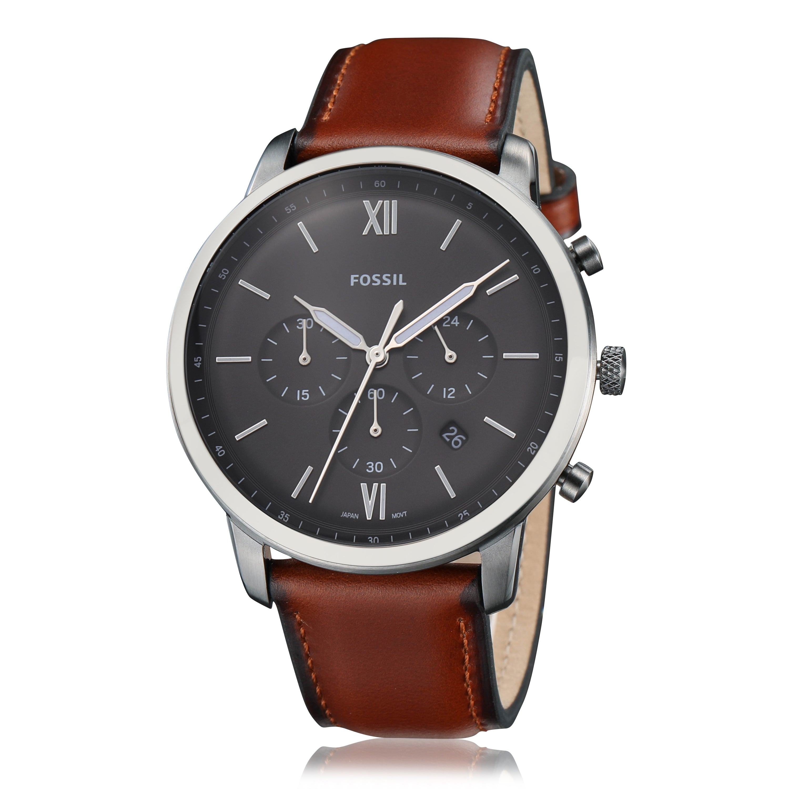 Fossil wristwatch with a brown leather strap and dark gray dial face.