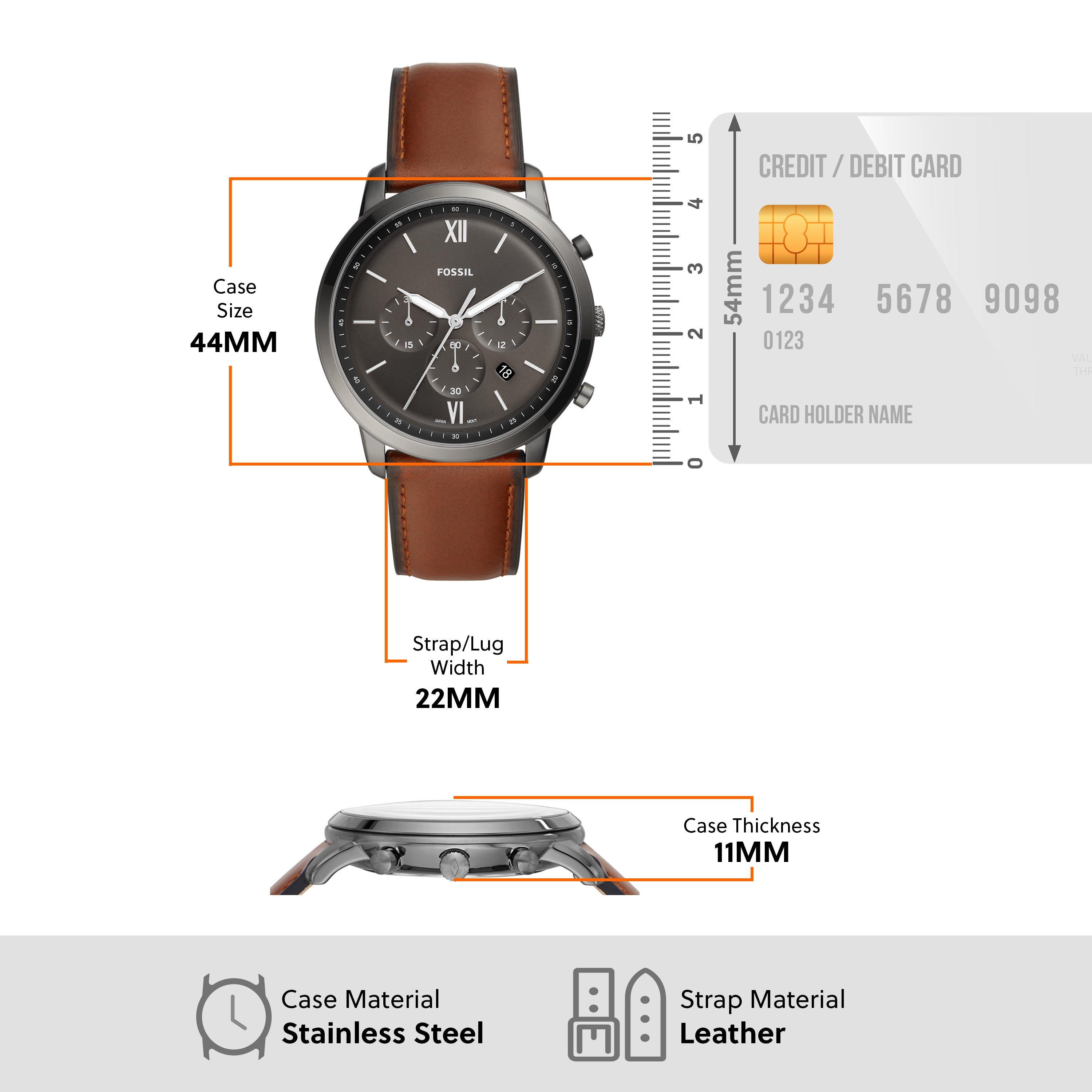 Analog wristwatch with a brown leather strap and chronograph functionality.