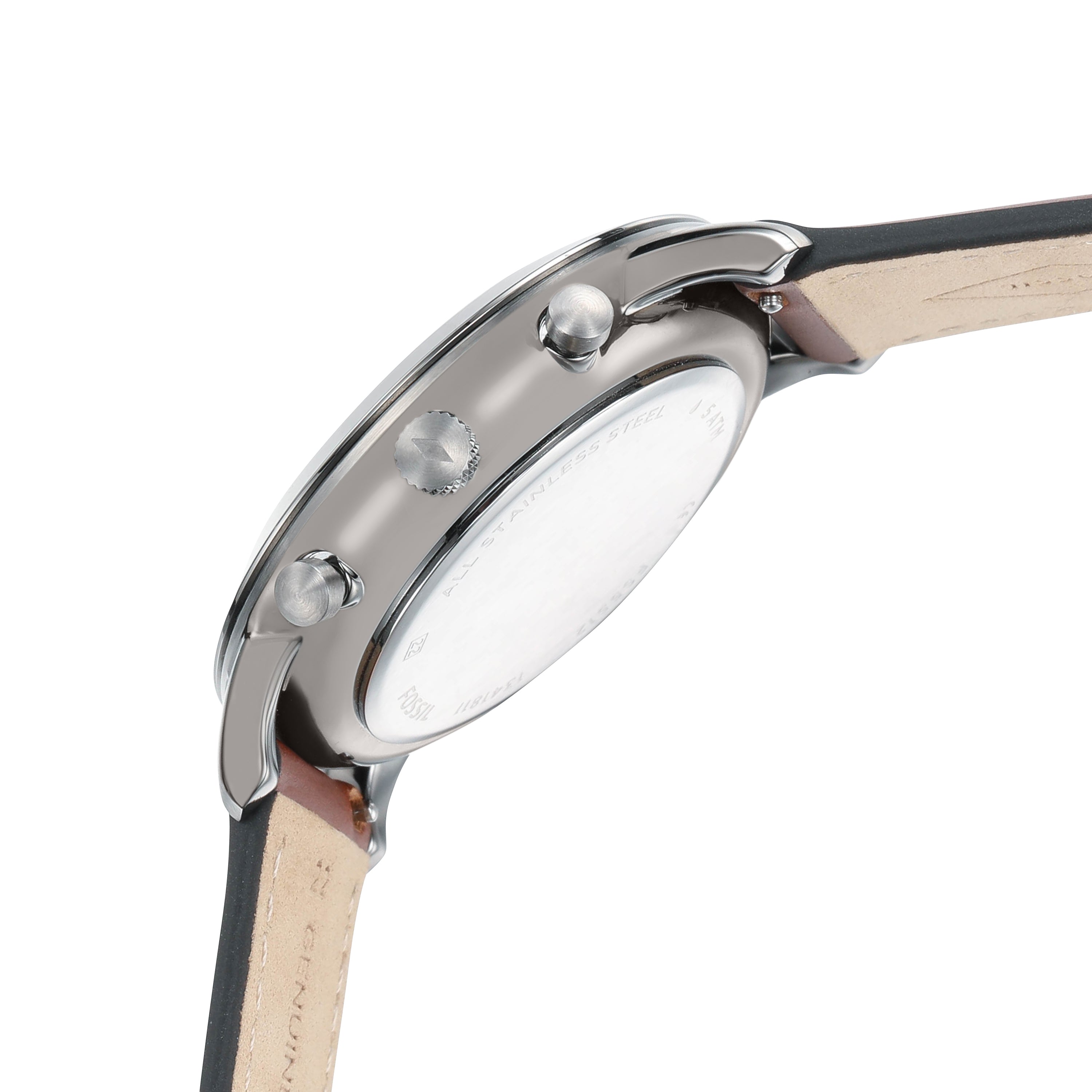 Wristwatch with a silver case and black leather strap.