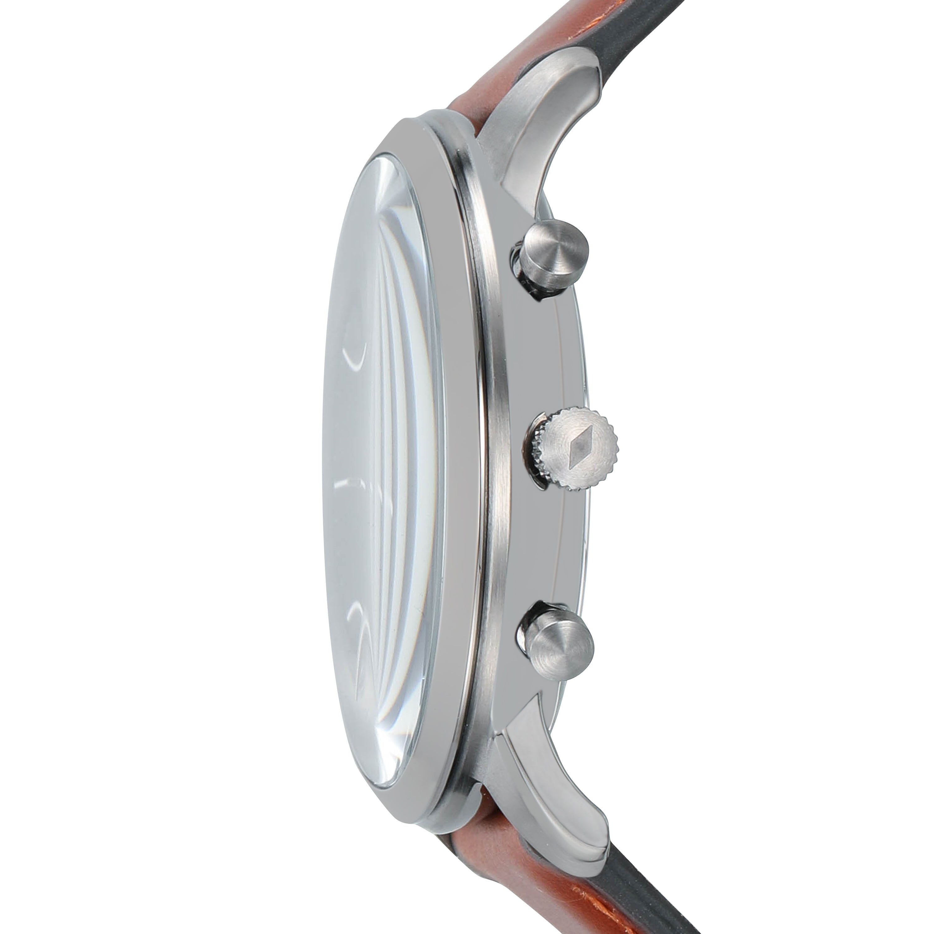 Side view of a wristwatch with a silver case and brown leather strap.