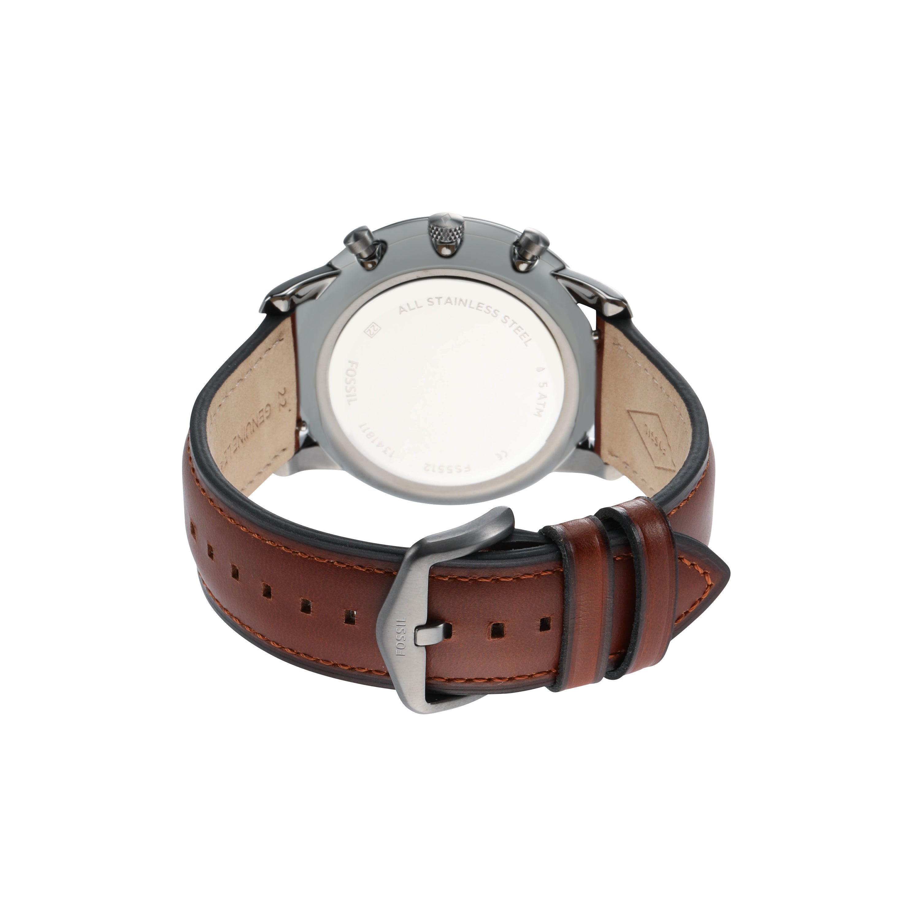 Wristwatch with a brown leather strap and metallic case.