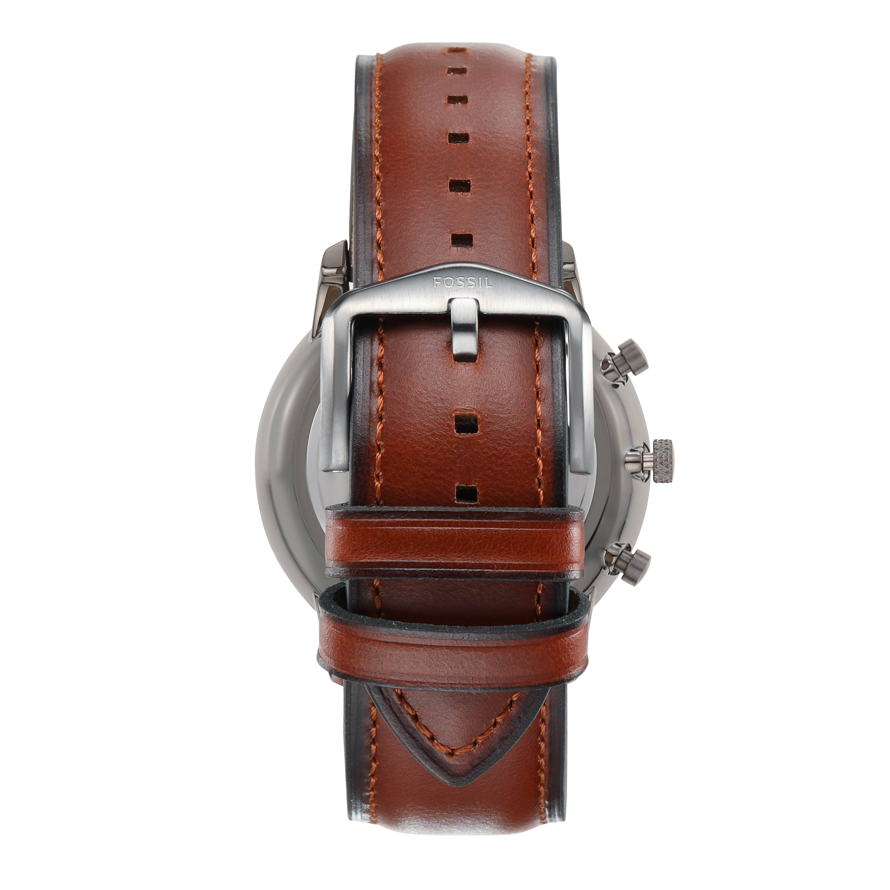 Wristwatch with a brown leather strap and silver-toned metal case.