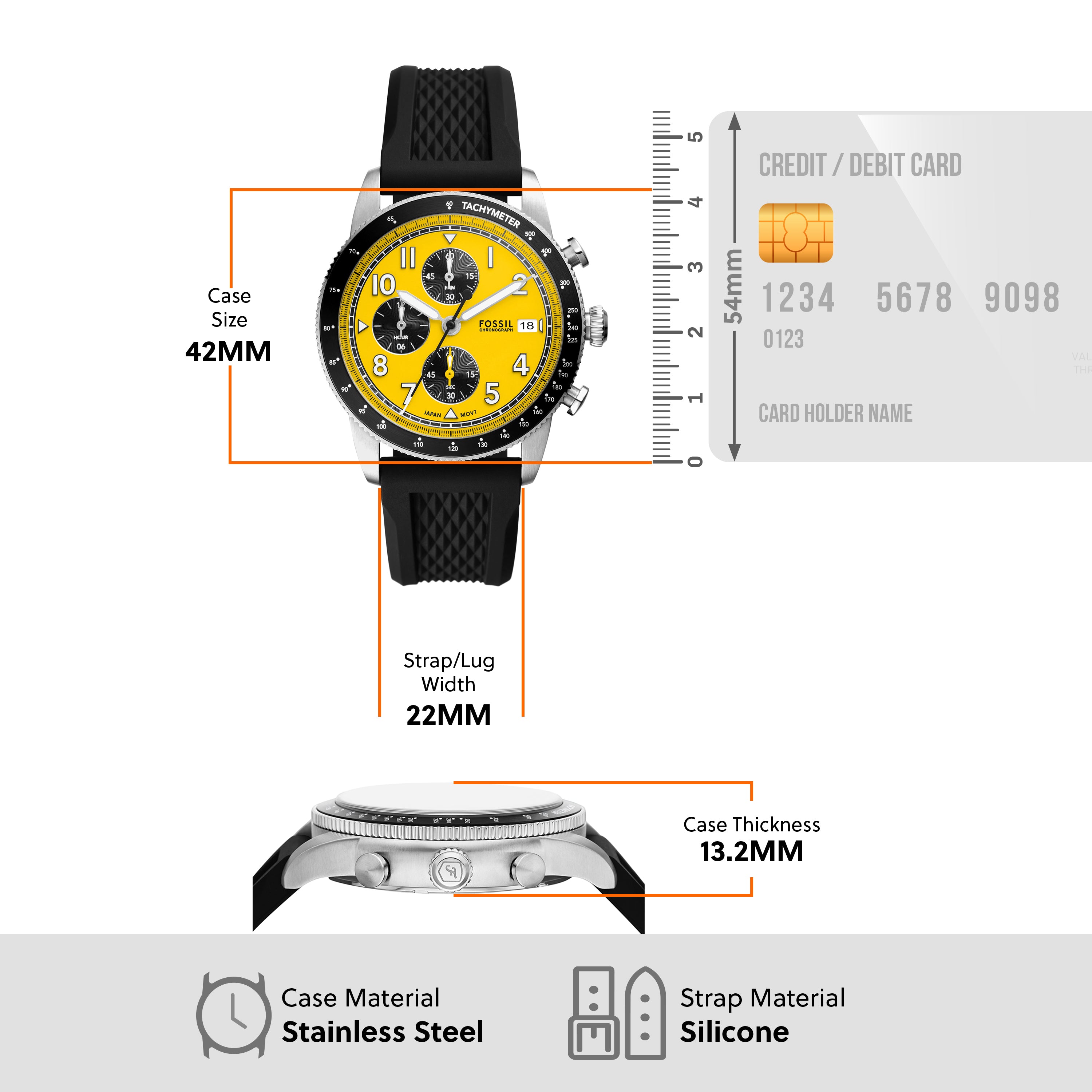 Fossil Sport Tourer Chronograph Yellow Dial Black Band Mens Watch FS6044