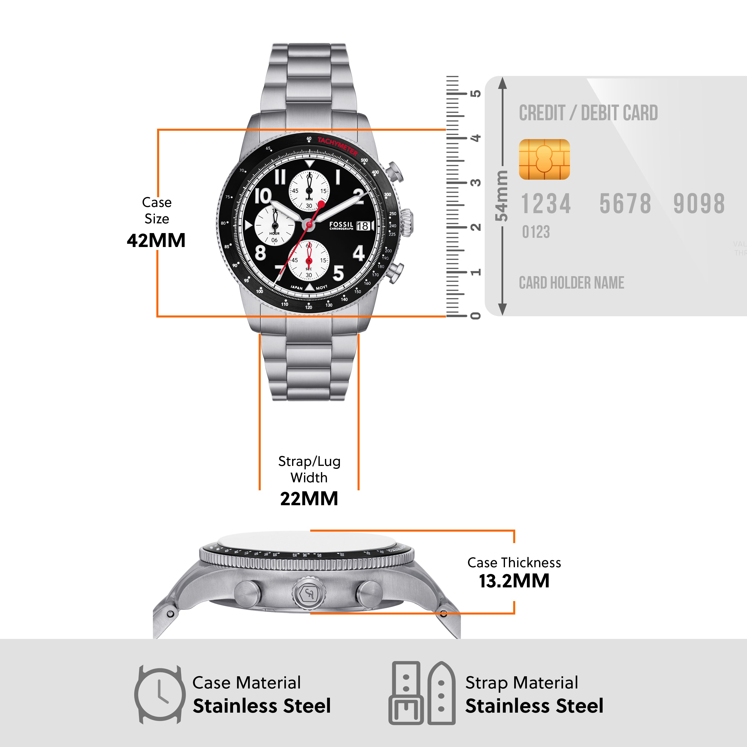 Fossil Sport Tourer Chronograph Black Dial Stainless Steel band Men's Watch FS6045