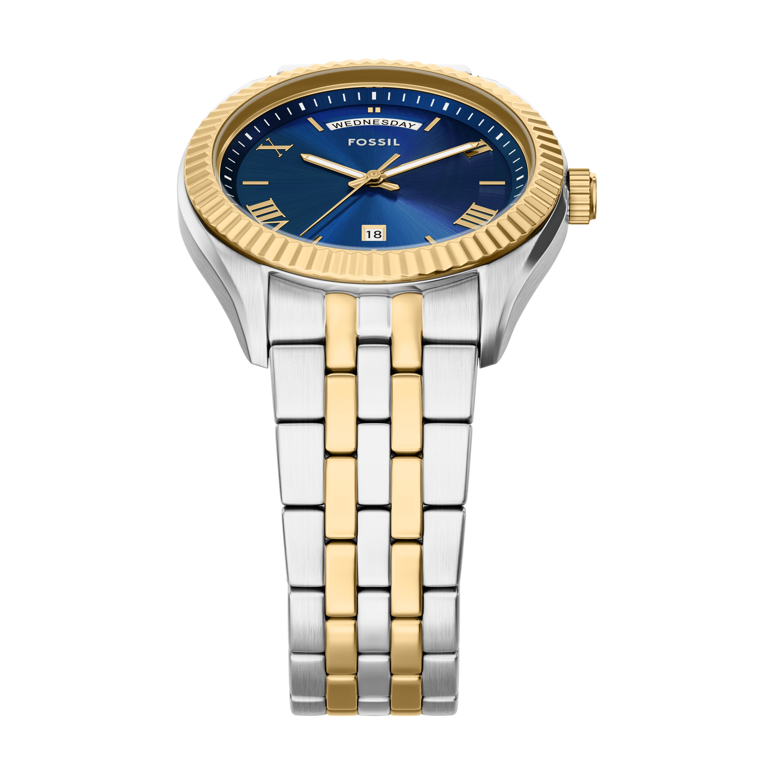 Fossil Three Hand Two Tone Stainless Steel Blue Dial Watch FS6141