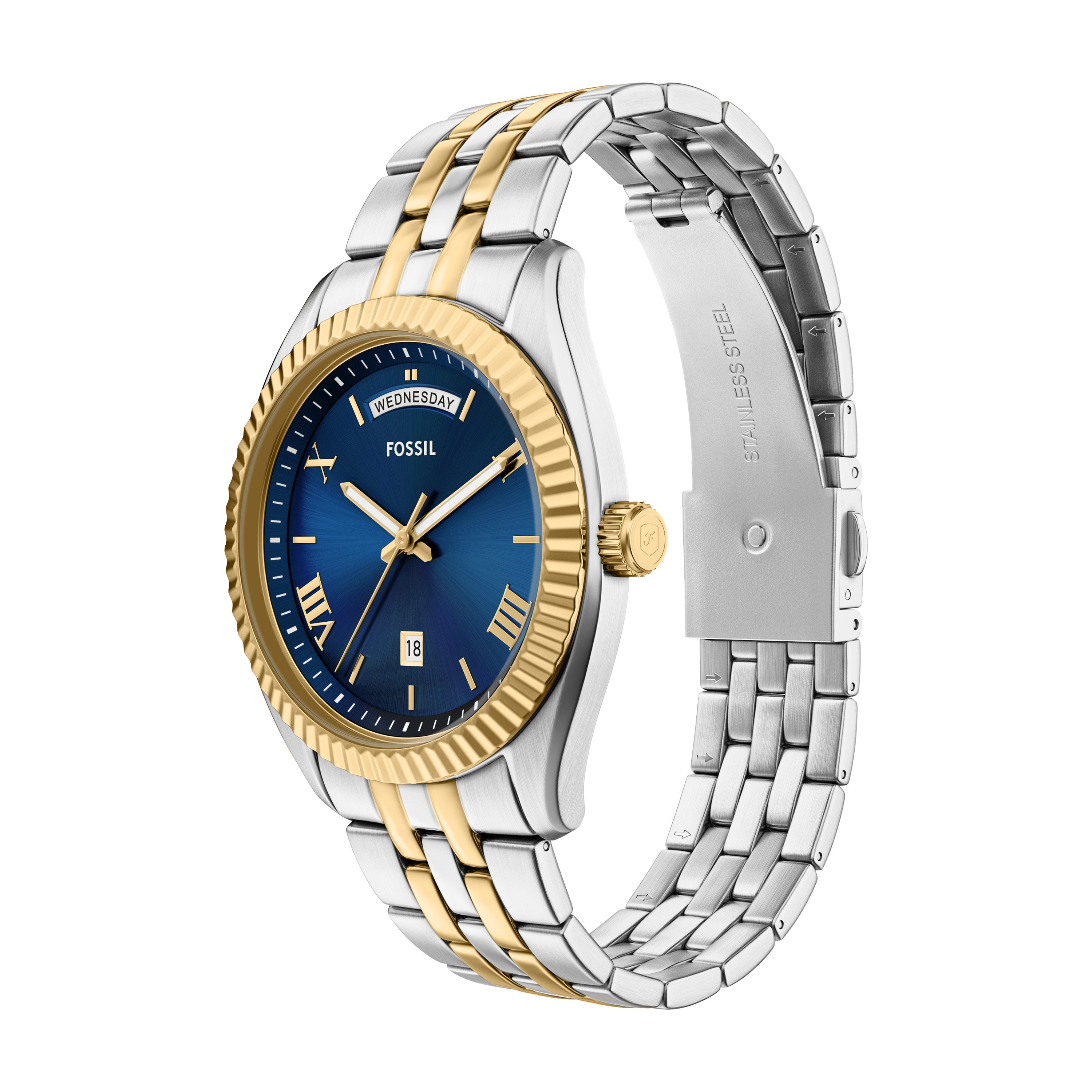 Fossil Three Hand Two Tone Stainless Steel Blue Dial Watch FS6141