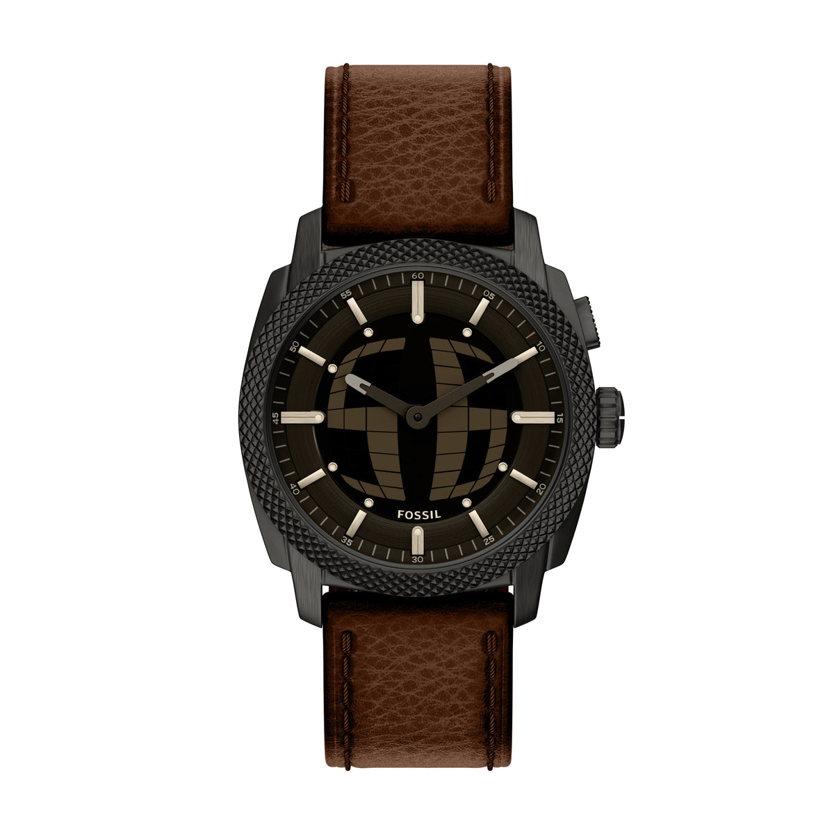Fossil Machine Big Tic Black Dial Brown Leather Watch FS6165