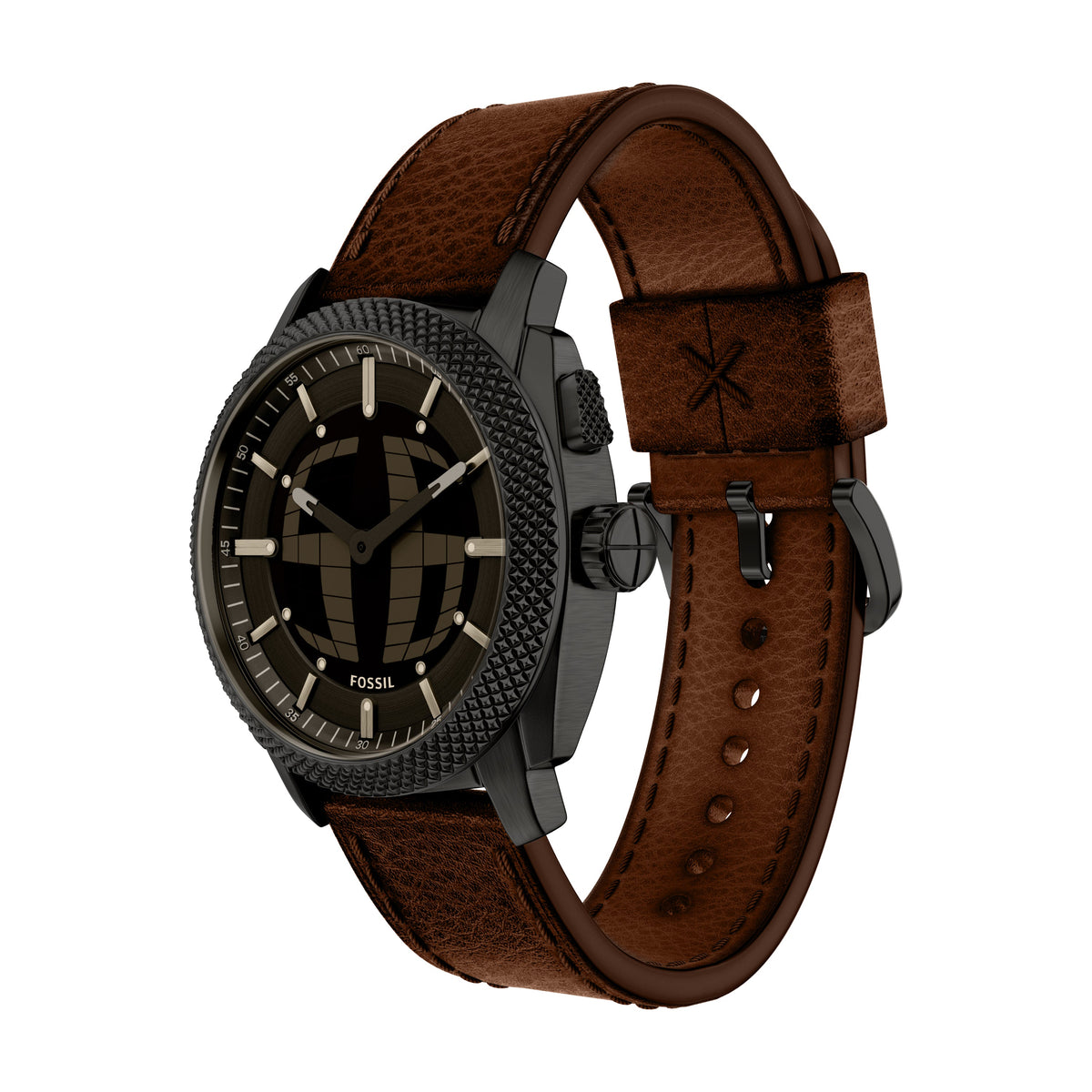 Fossil Machine Big Tic Black Dial Brown Leather Watch FS6165
