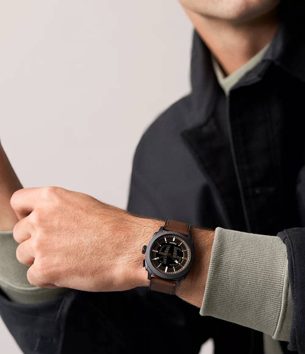 Fossil Machine Big Tic Black Dial Brown Leather Watch FS6165