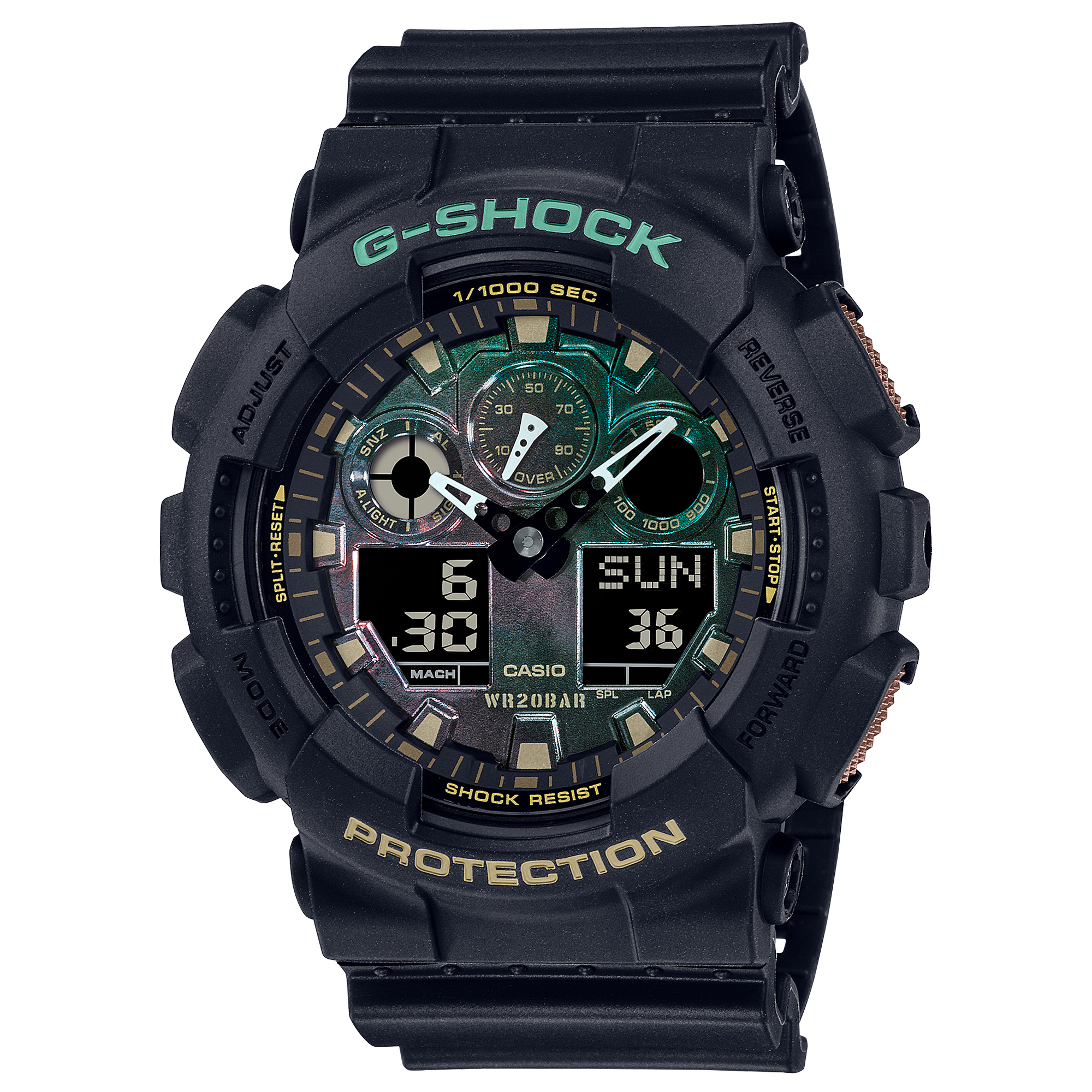G-Shock digital sports watch with a black case and green accents on the dial.