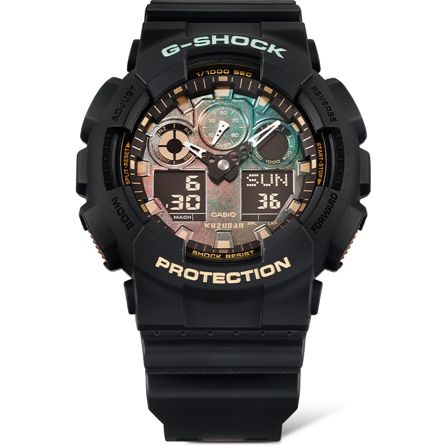 G-Shock digital-analog wristwatch with a black resin band and multicolored dial display.