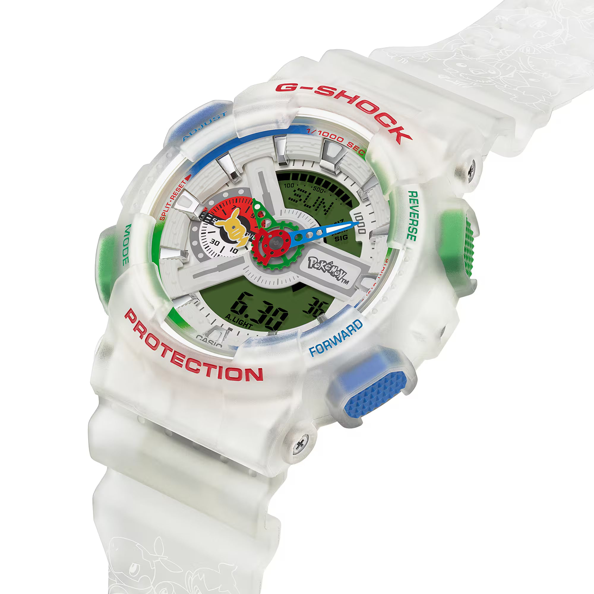 GA110PKM-7A bezel and buttons in the 1996 Pokémon red green and blue colour scheme