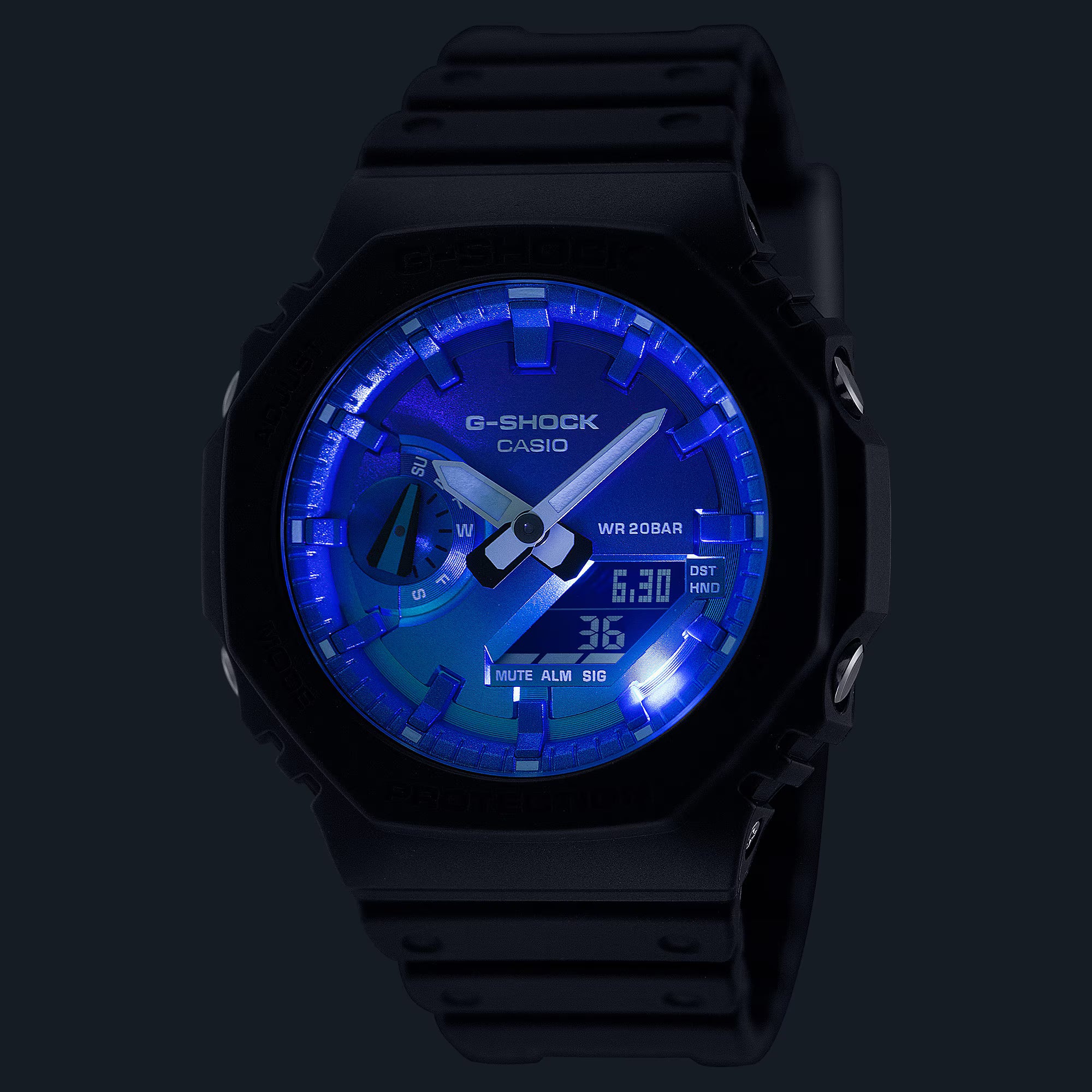G-Shock Digital Black Resin Band Blue and Purple Dial Watch GA2100FL-1A