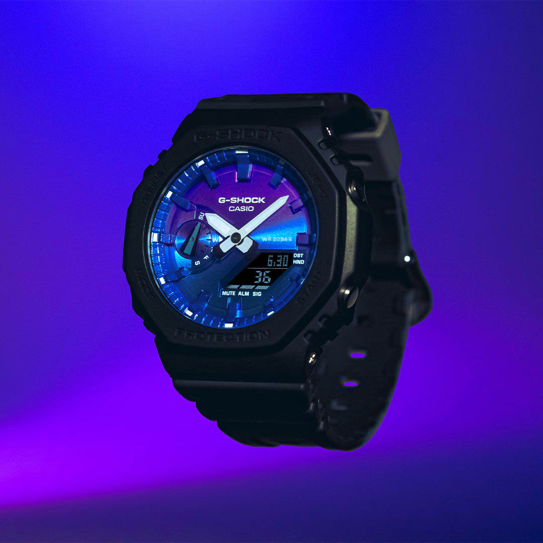 G-Shock Digital Black Resin Band Blue and Purple Dial Watch GA2100FL-1A