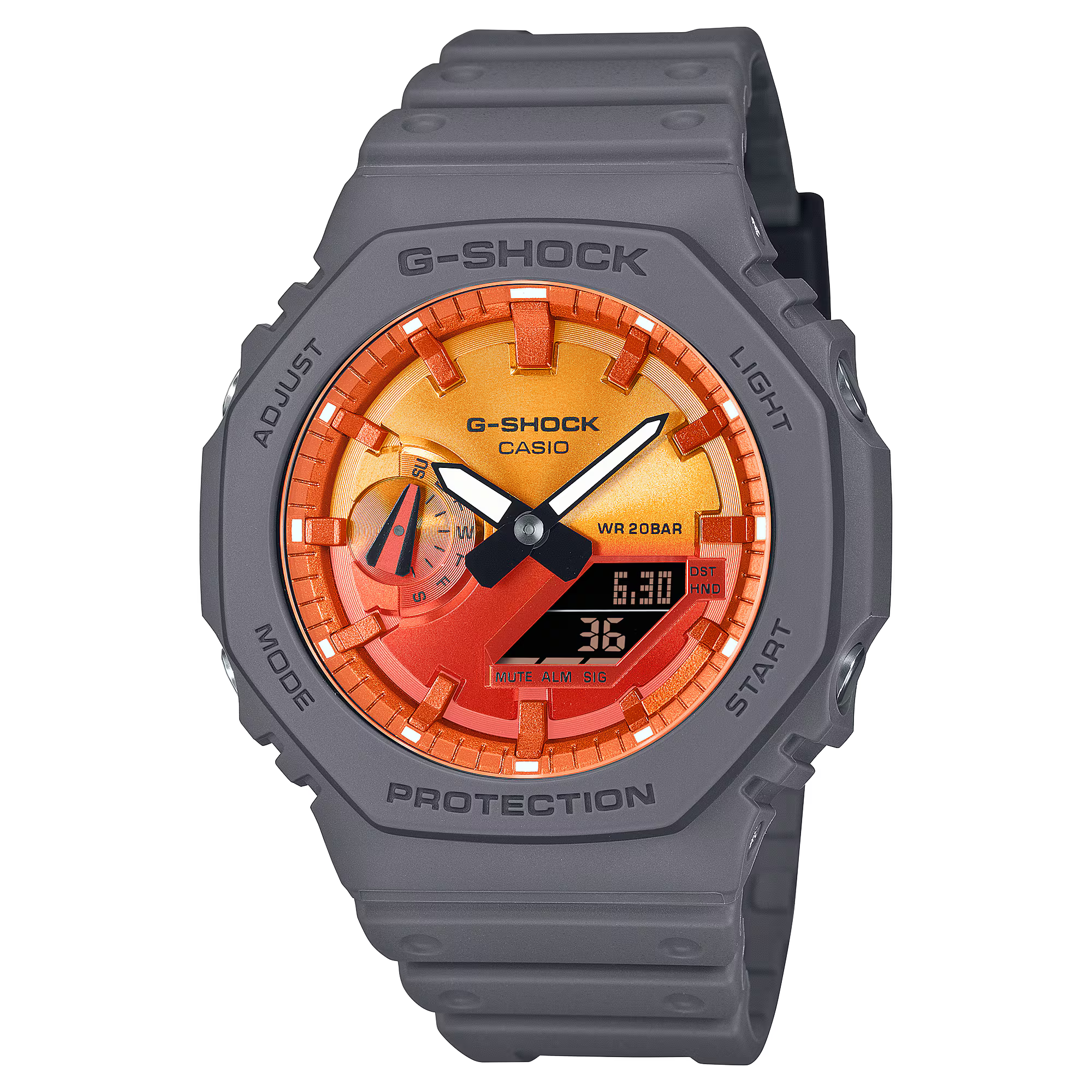 G-Shock Digital Grey Resin Band Orange and Red Dial Watch GA2100FL-8A