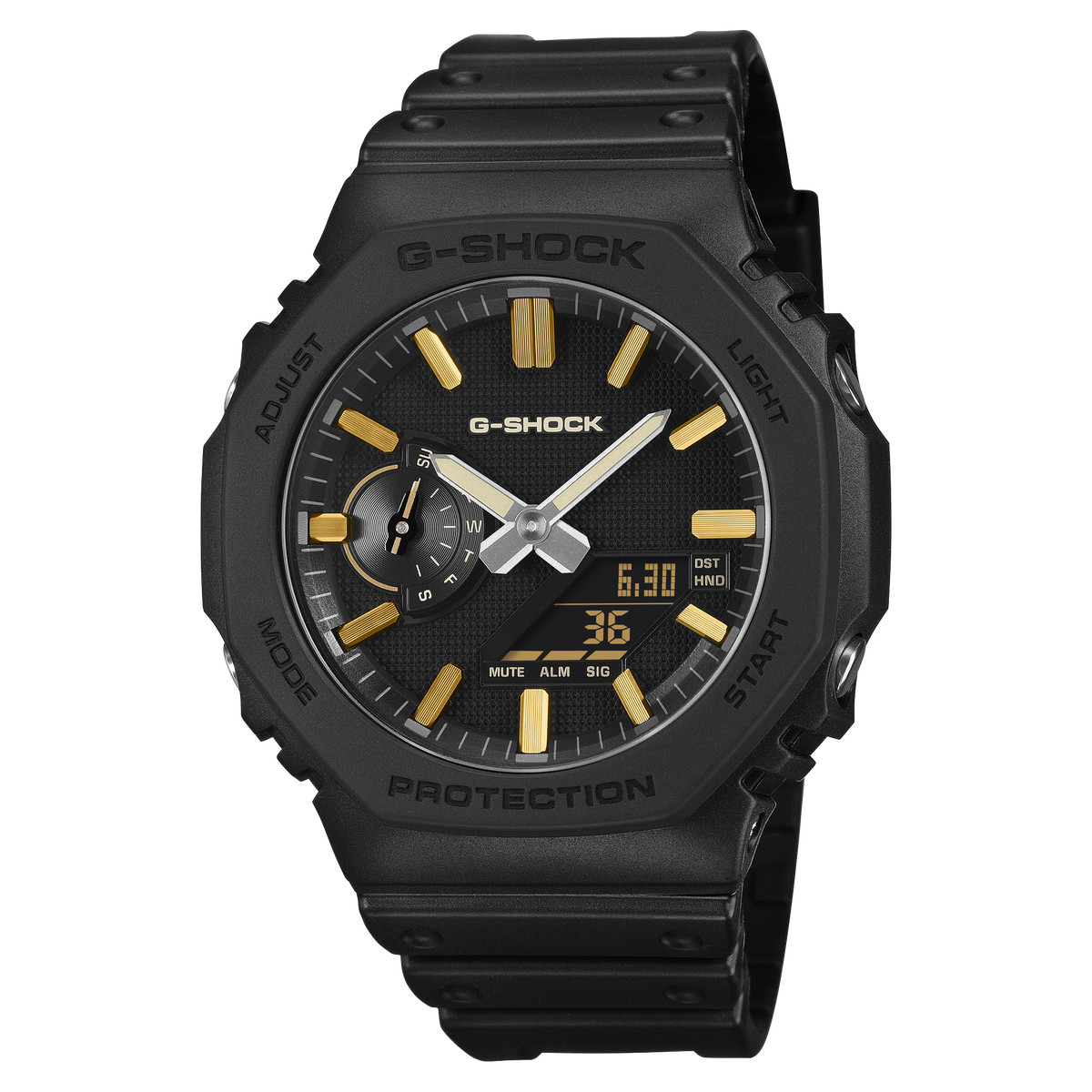 G-Shock CasiOak Luxe wristwatch with a black octagonal bezel and gold hour markers.
