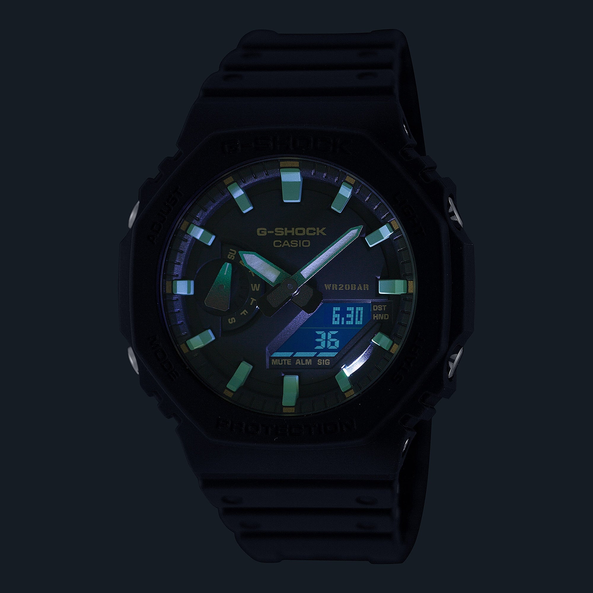 G-Shock digital-analog wristwatch with illuminated display and black band.