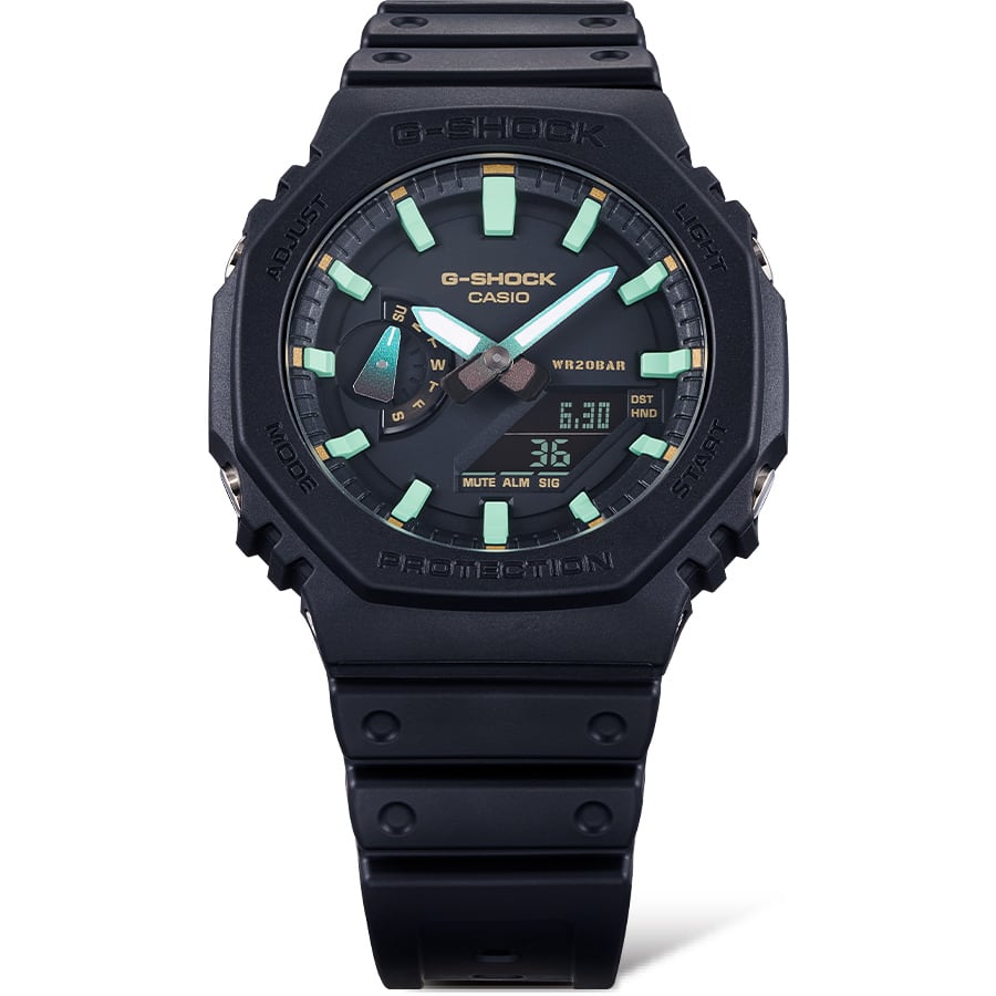 Black G-Shock wristwatch with luminous hour markers and digital display.
