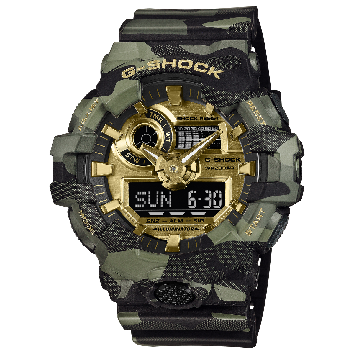 G-Shock GA700CMG-3A Bold Camo analogue digital watch with gold dial on a camouflage resin band.