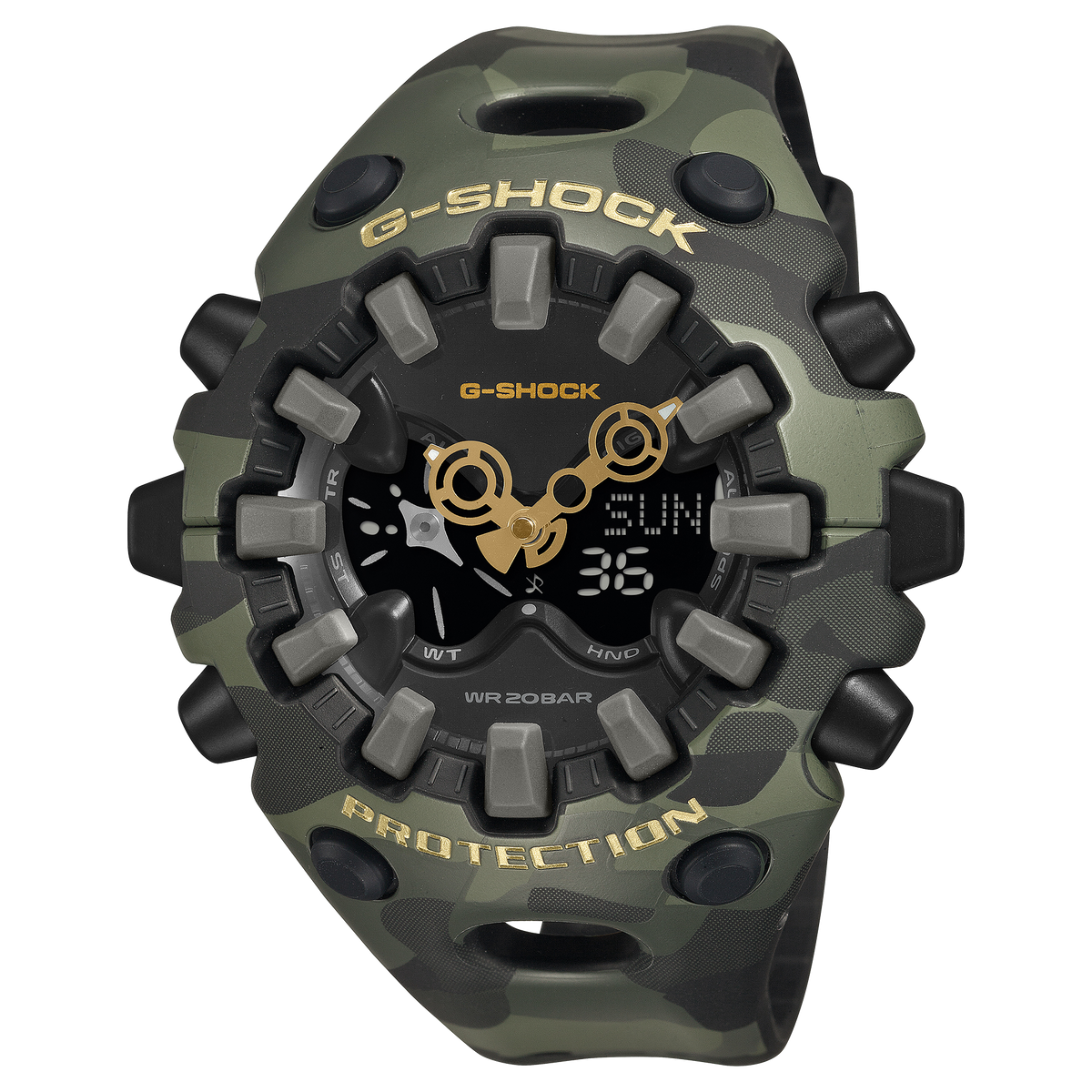 G-Shock wristwatch with a green camouflage bezel and matching resin band.