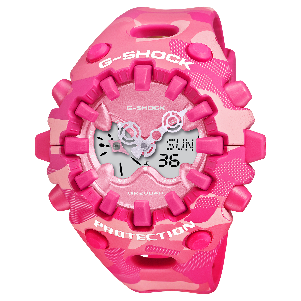 G-Shock wristwatch with a pink camouflage bezel and matching resin band.