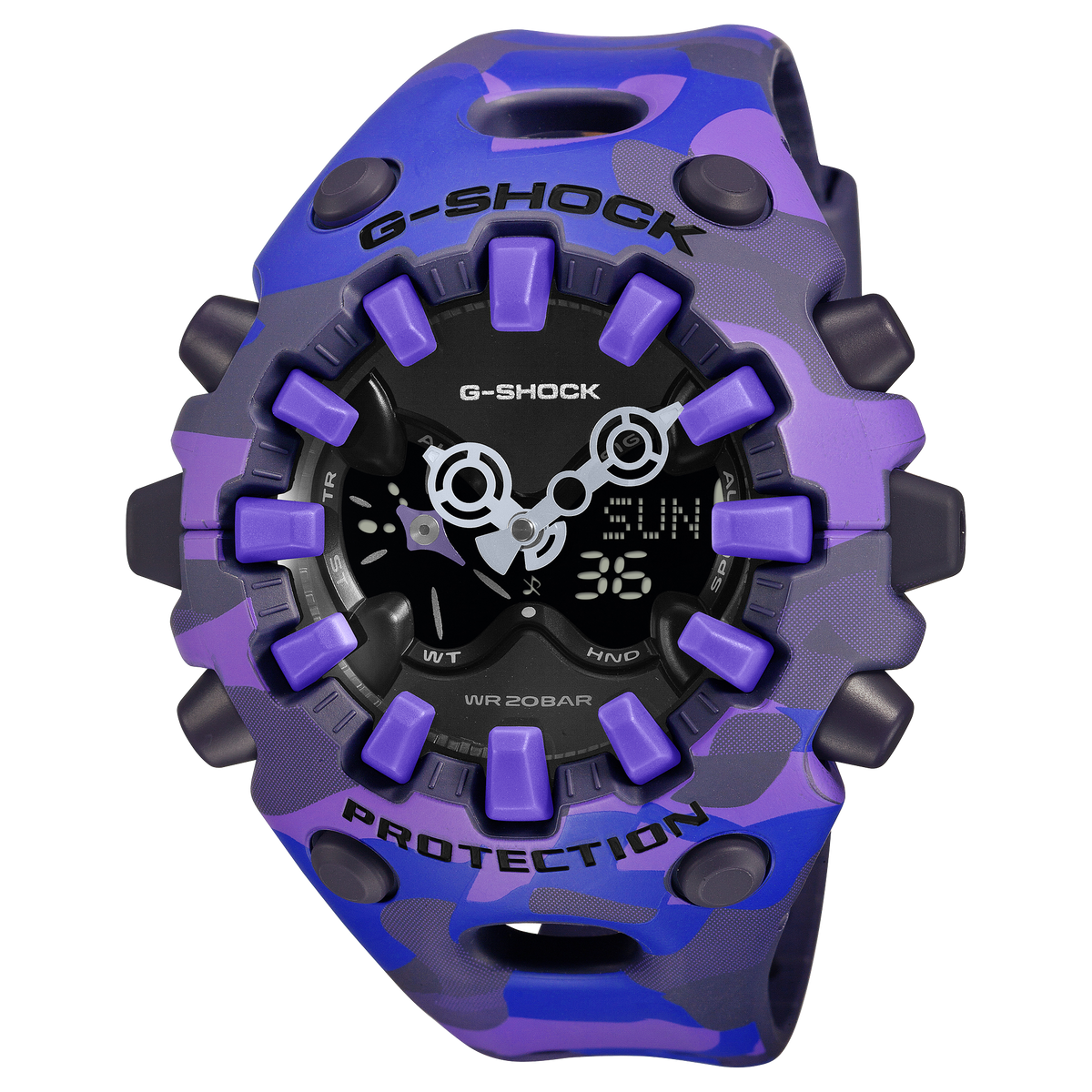 G-Shock wristwatch with a purple camouflage bezel and matching resin band.
