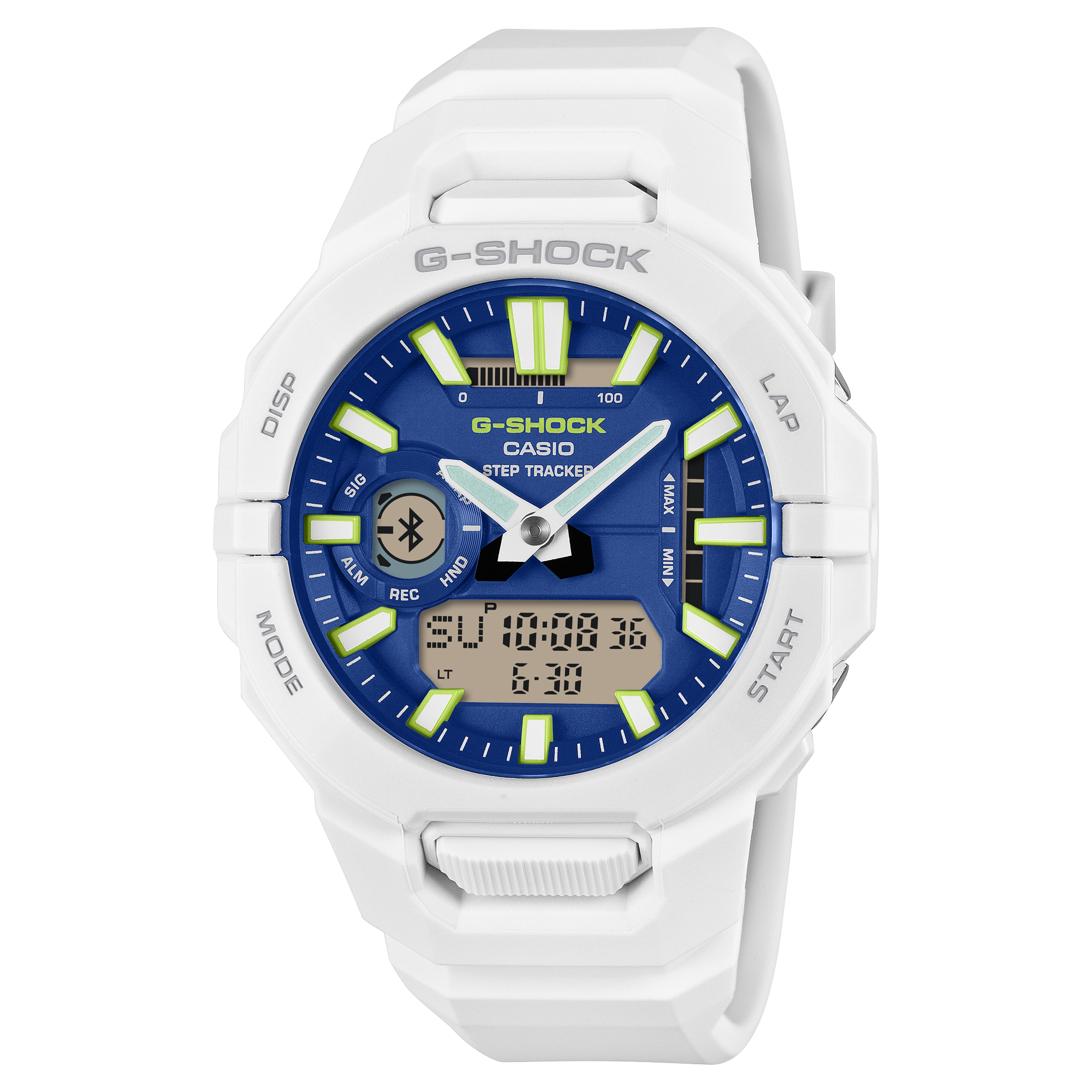 G-Shock MOVE GBA950-7A2 blue dial on a white resin band, shown straight on.