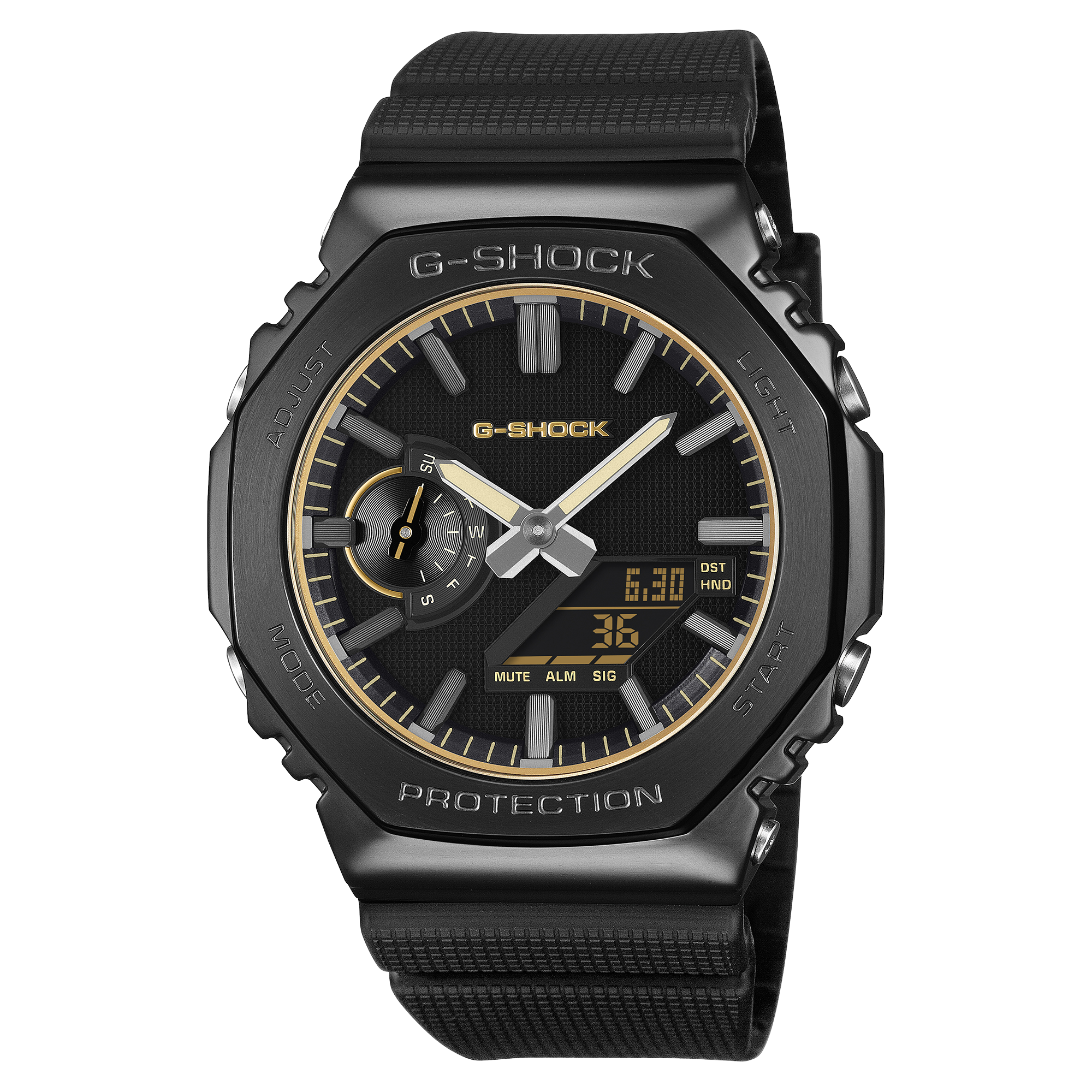 G-Shock CasiOak Luxe wristwatch with a black metal bezel and gold dial accents.