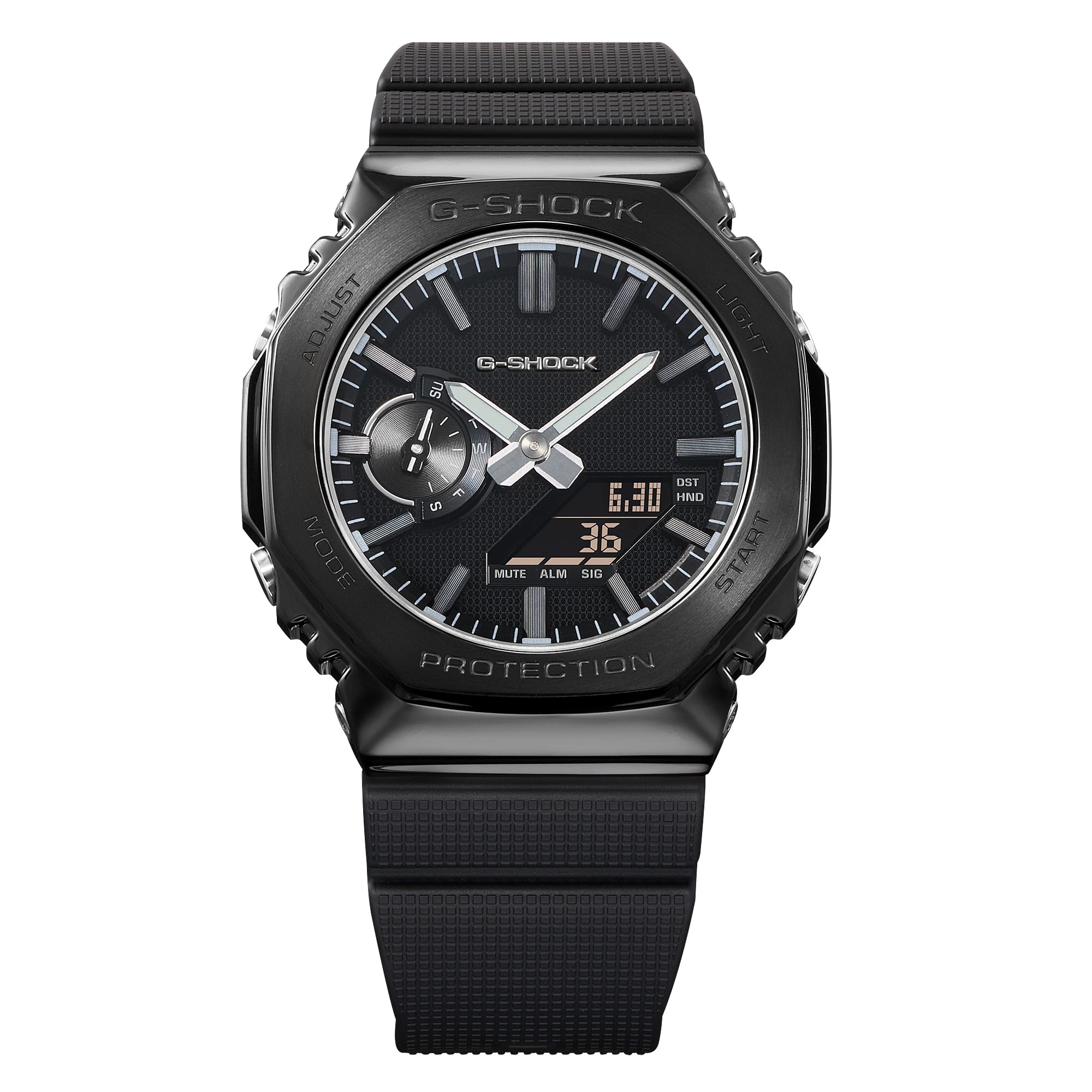 Front view of the black G-Shock GM2100LXB-1A analog-digital dial.