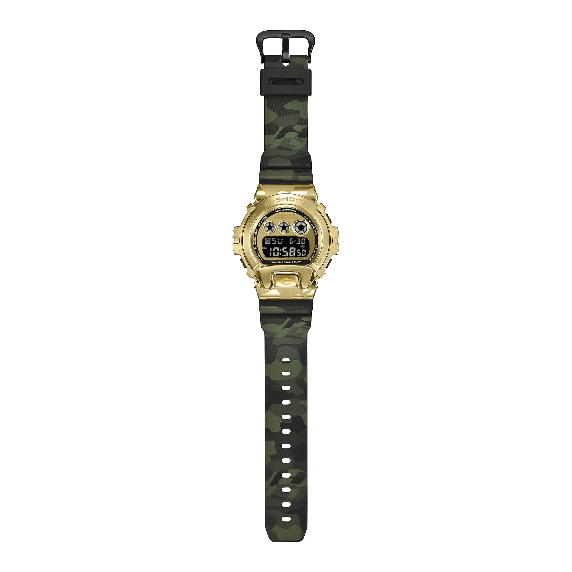 Angled view of the G-Shock GM6900CMG-3D gold case and camouflage band.
