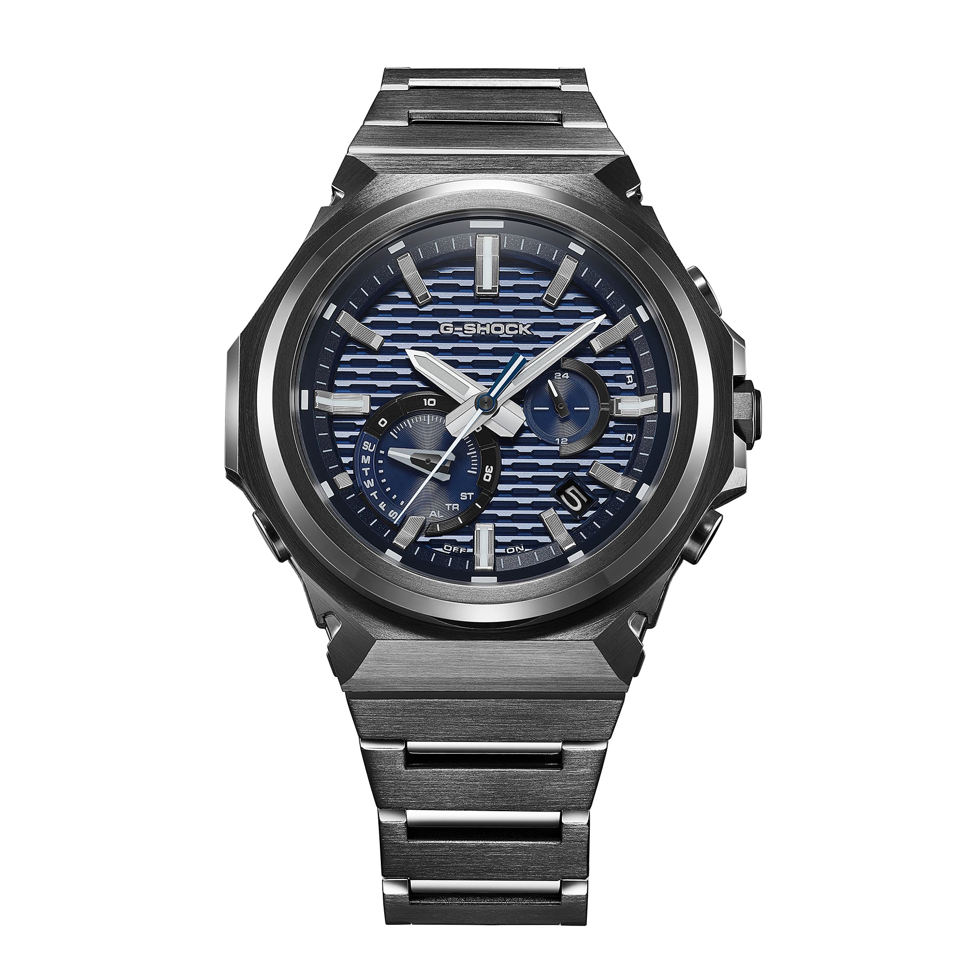 Front view of the blue G-Shock GSTB1000BD-2A analog dial.