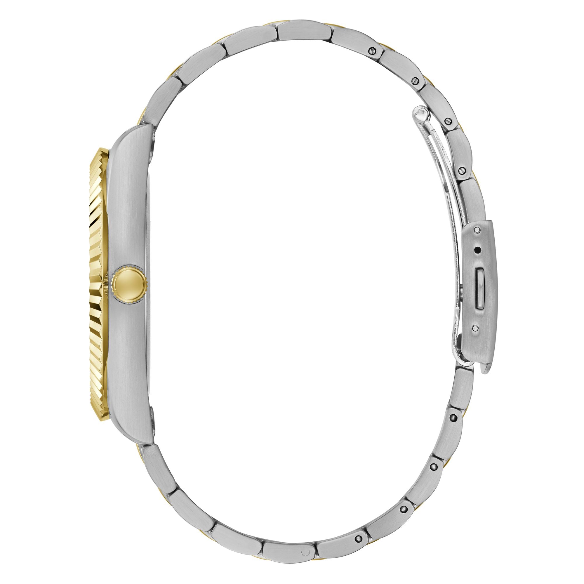 Side view of the Gold Green Connoisseur Day-Date Watch GW0265G8, featuring a gold-tone bezel and two-tone stainless steel bracelet.