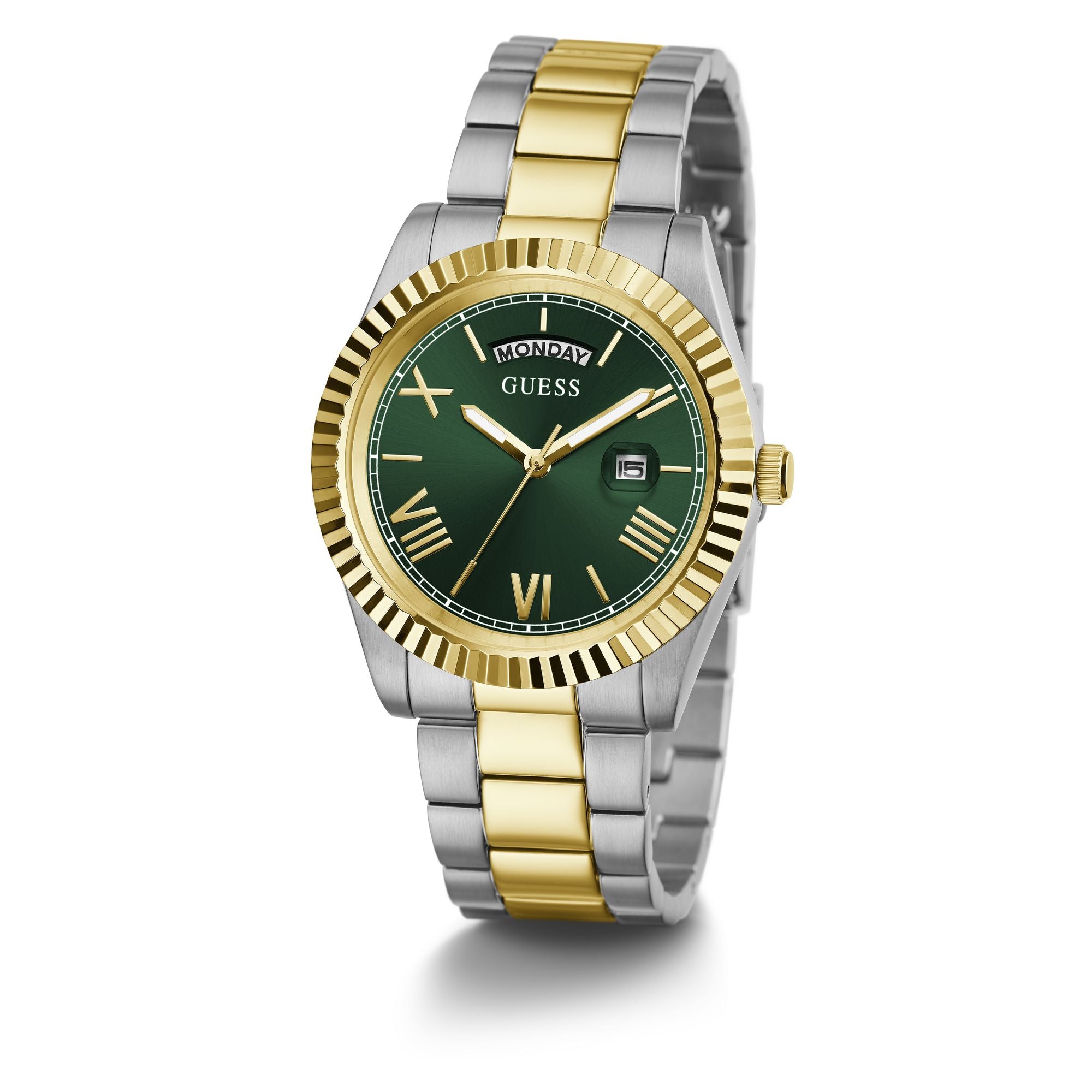 Gold Green Connoisseur Day-Date Watch GW0265G8 by Guess features a gold-tone bezel, green dial, and two-tone stainless steel bracelet.