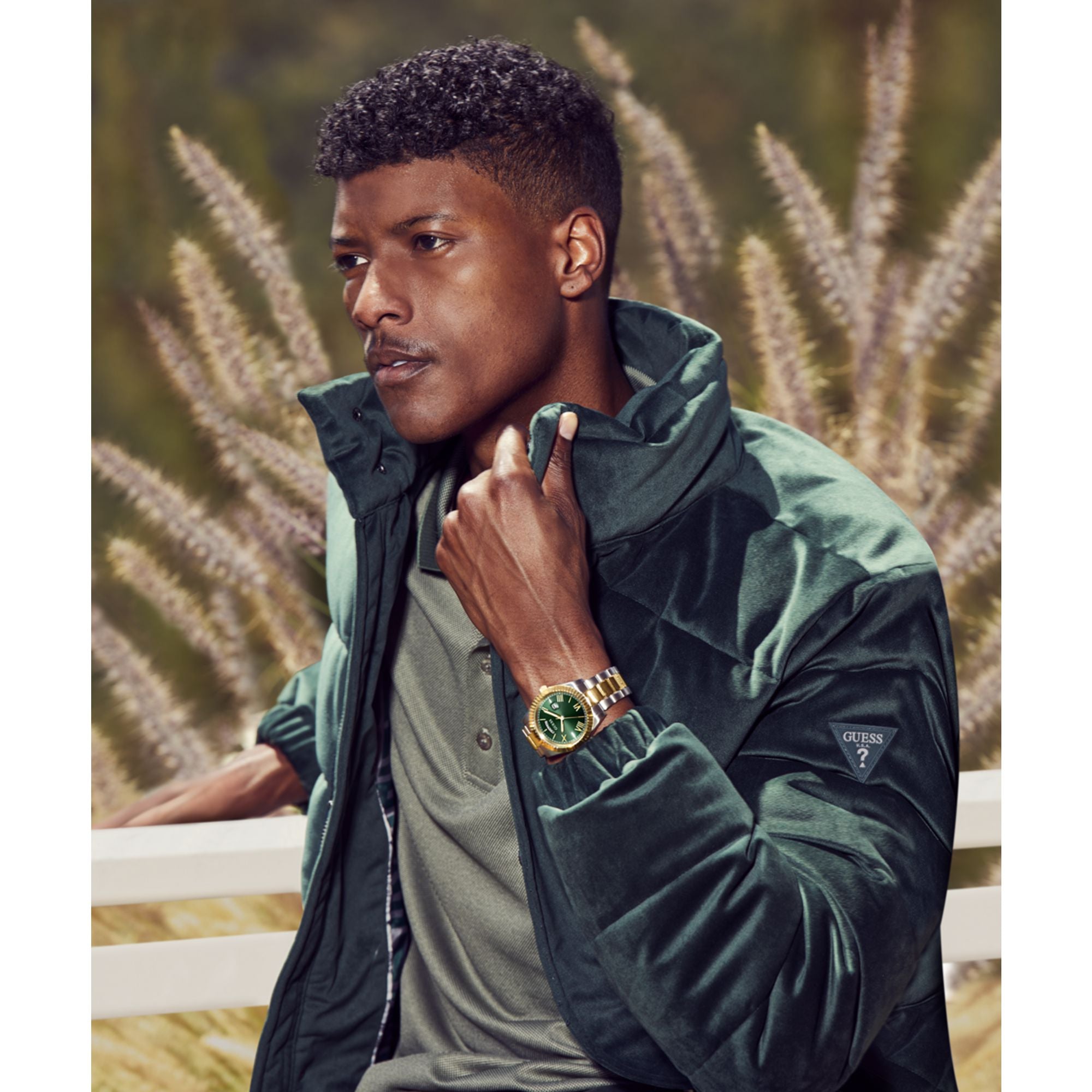 Gold Green Connoisseur Day-Date Watch GW0265G8 with a gold-tone stainless steel case and green dial, styled with elegance.