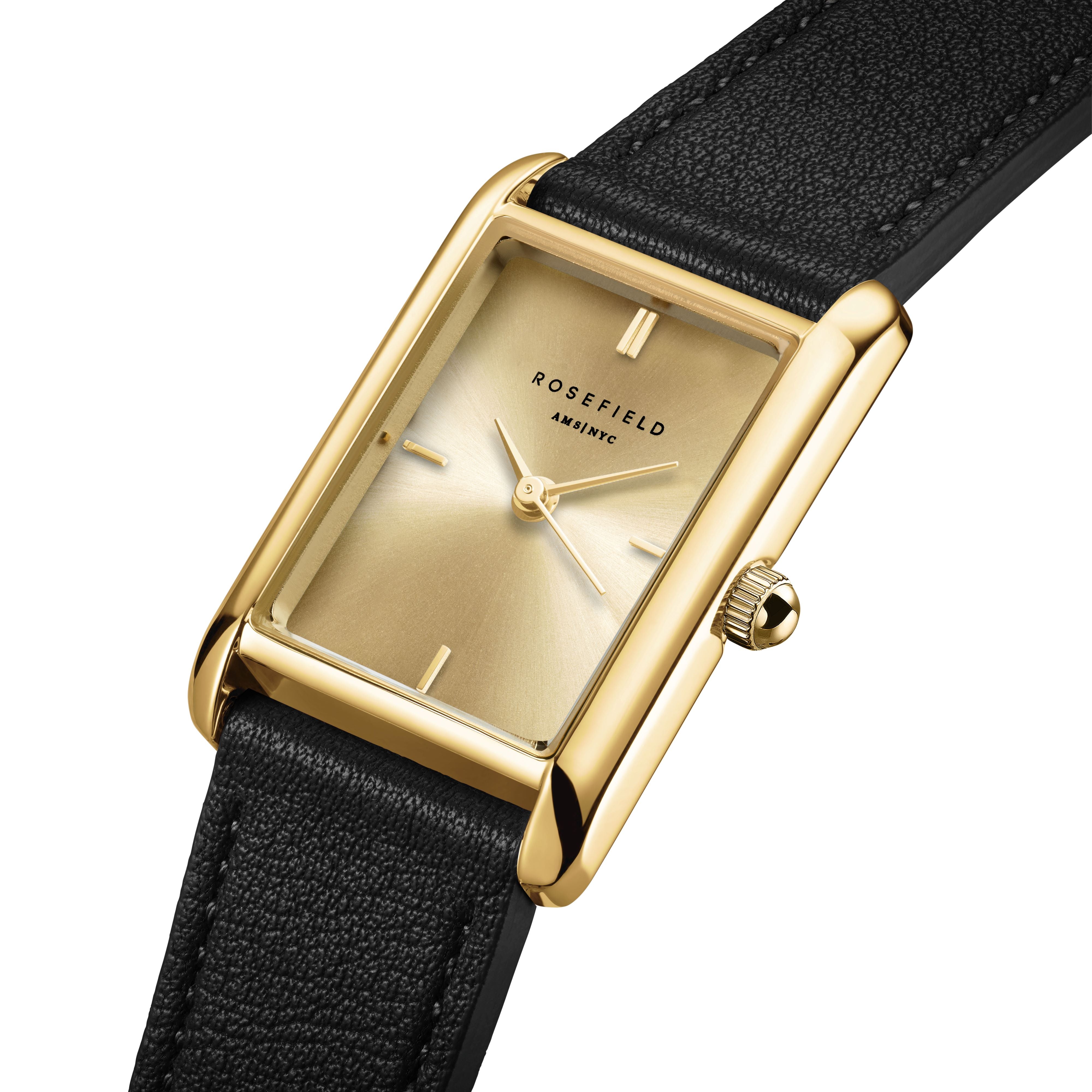 Rosefield Heirloom Champagne Gold Black Leather Watch HCBLG-H07