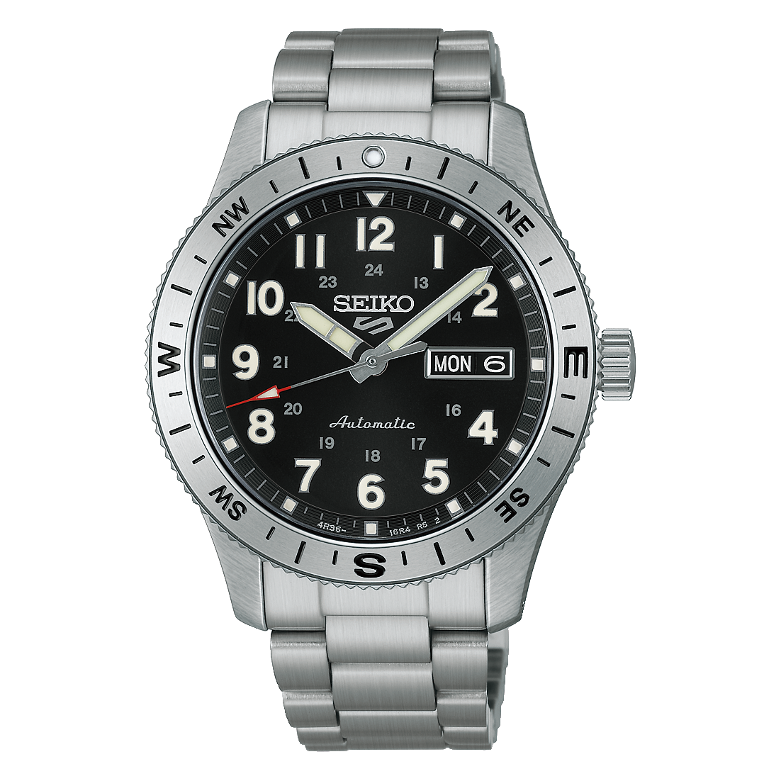 Seiko 5 Sports Field wristwatch with a black dial and stainless steel bracelet.