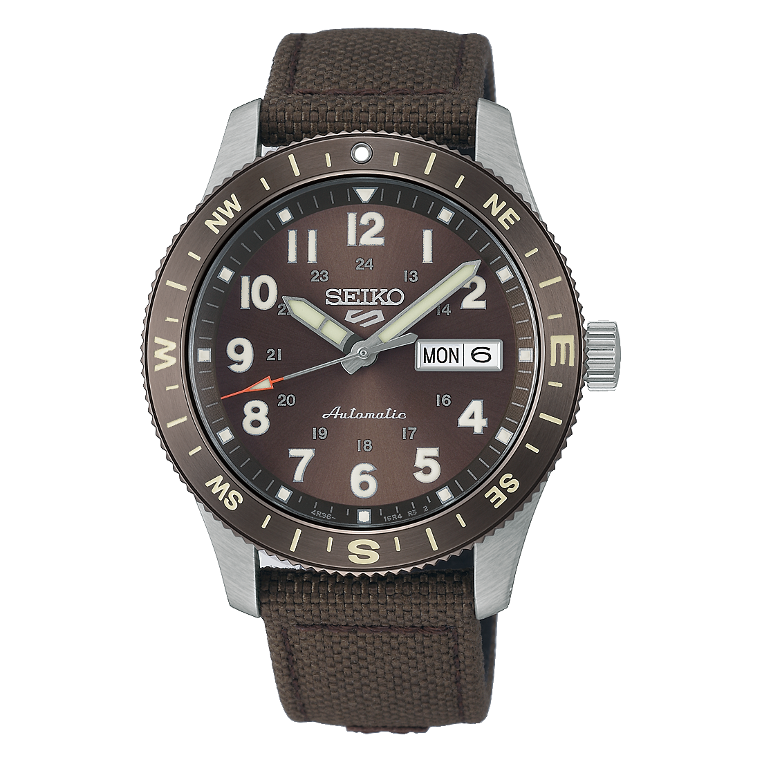 Seiko 5 Sports Field wristwatch with a brown dial and brown nylon strap.