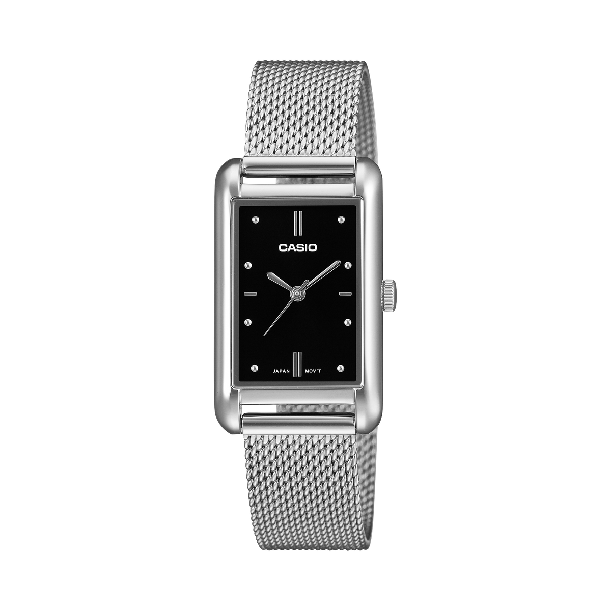 Casio women's wristwatch with a black dial and stainless steel mesh band.