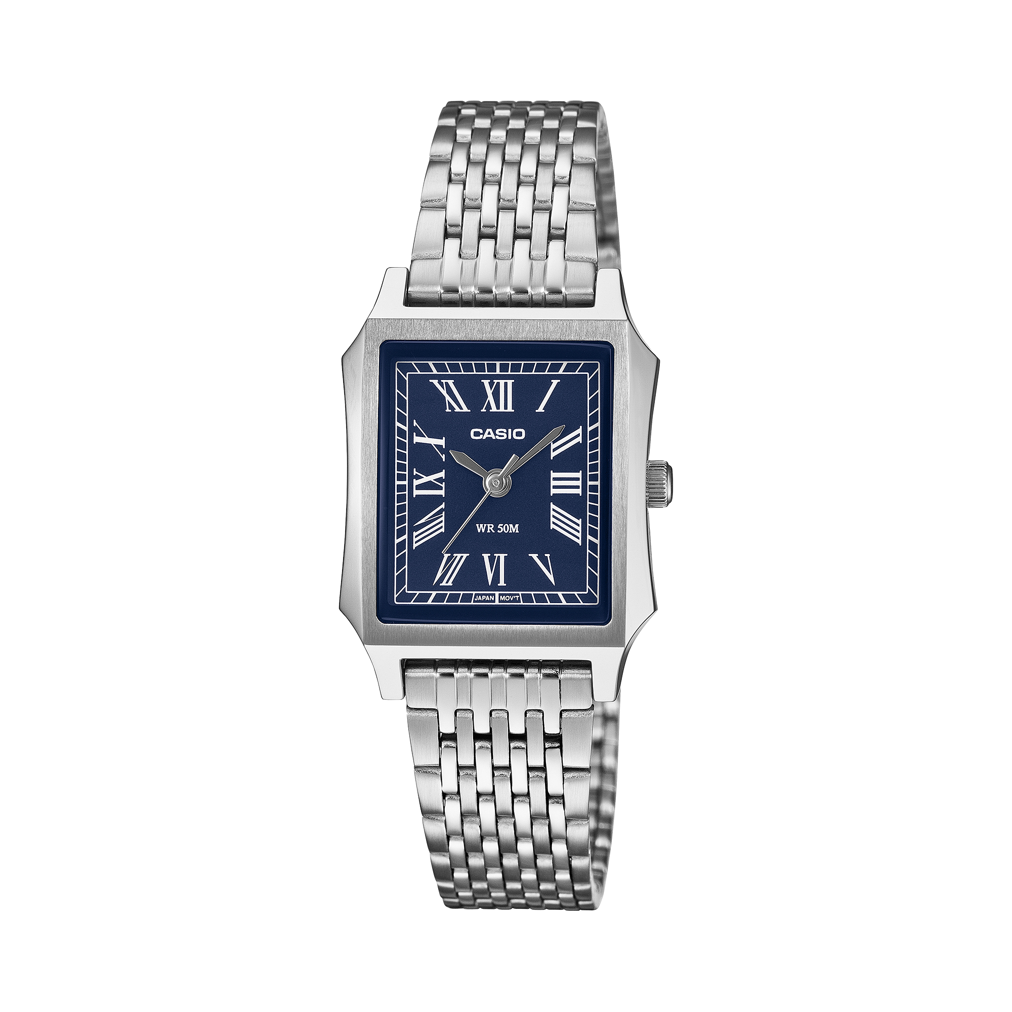Casio LTP-B190D-2B dark blue Roman numeral dial on a stainless steel bracelet, shown straight on.