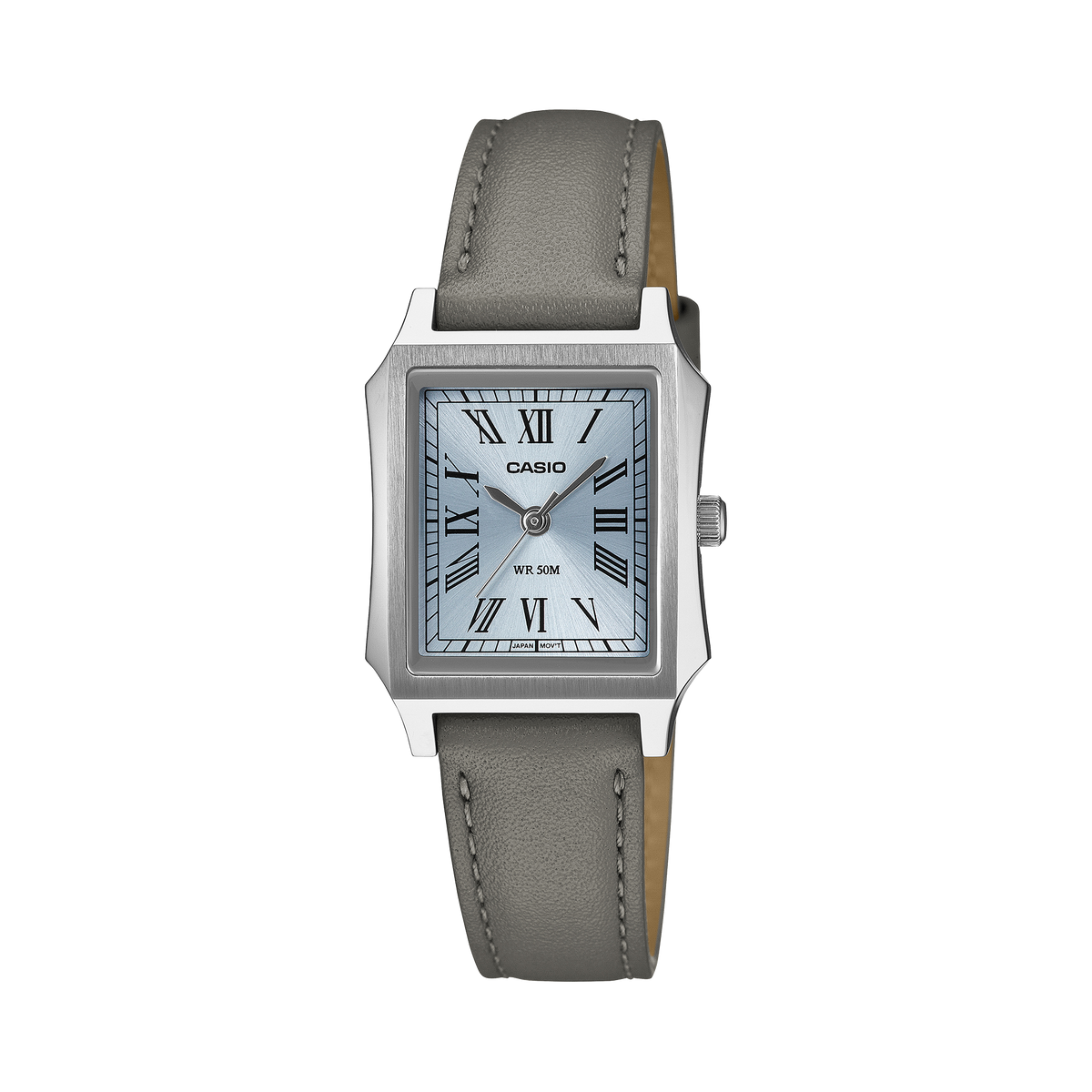 Casio LTP-B190L-2B blue Roman numeral dial on a leather strap, shown straight on.