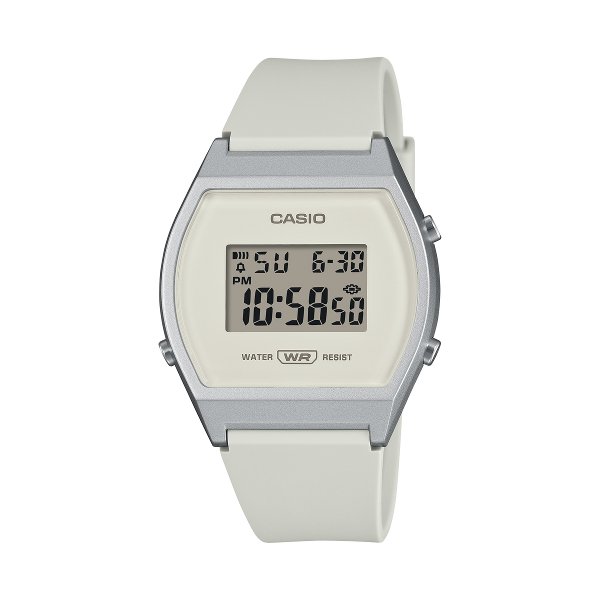 Casio digital wristwatch with a silver bezel and white resin band.