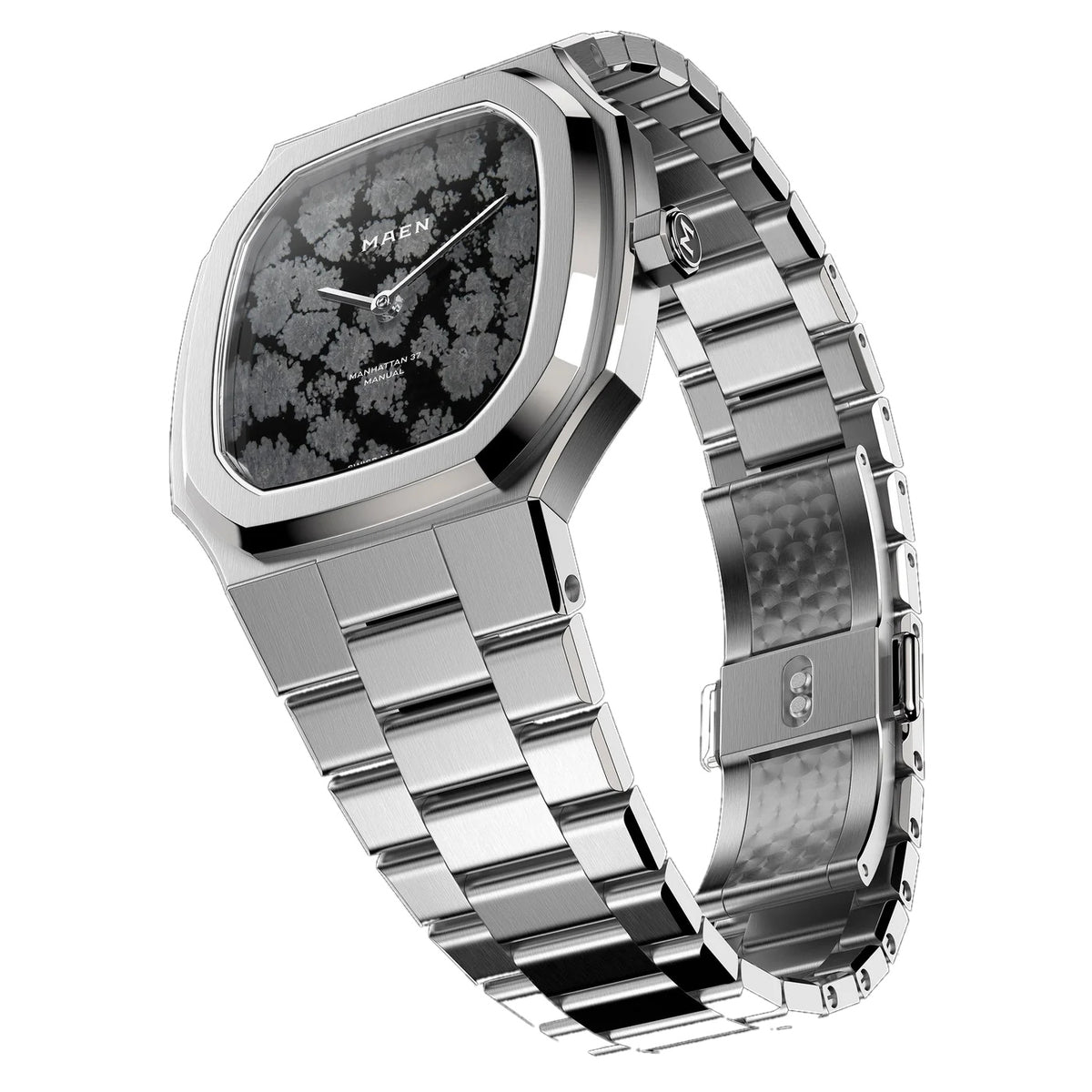 Three quarter view of the MAEN Manhattan 37 Ultra Thin M2.2.7 snowflake obsidian dial watch showing the octagonal bezel and folding clasp