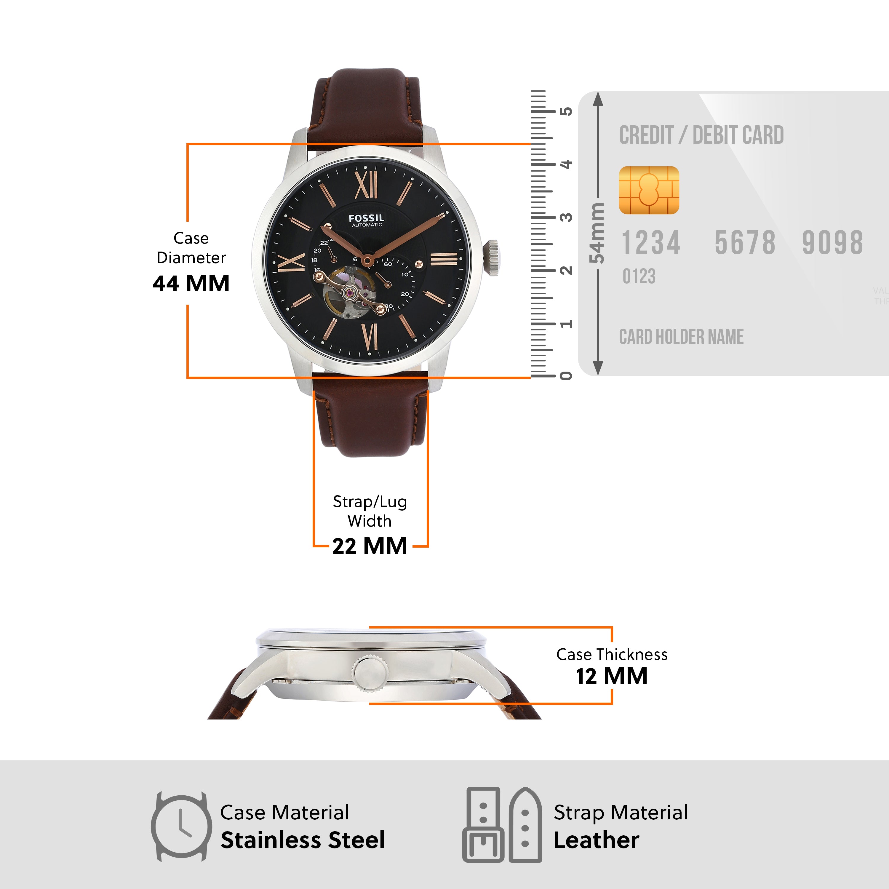 Elegant wristwatch with a black dial, brown leather strap, and silver-toned case.