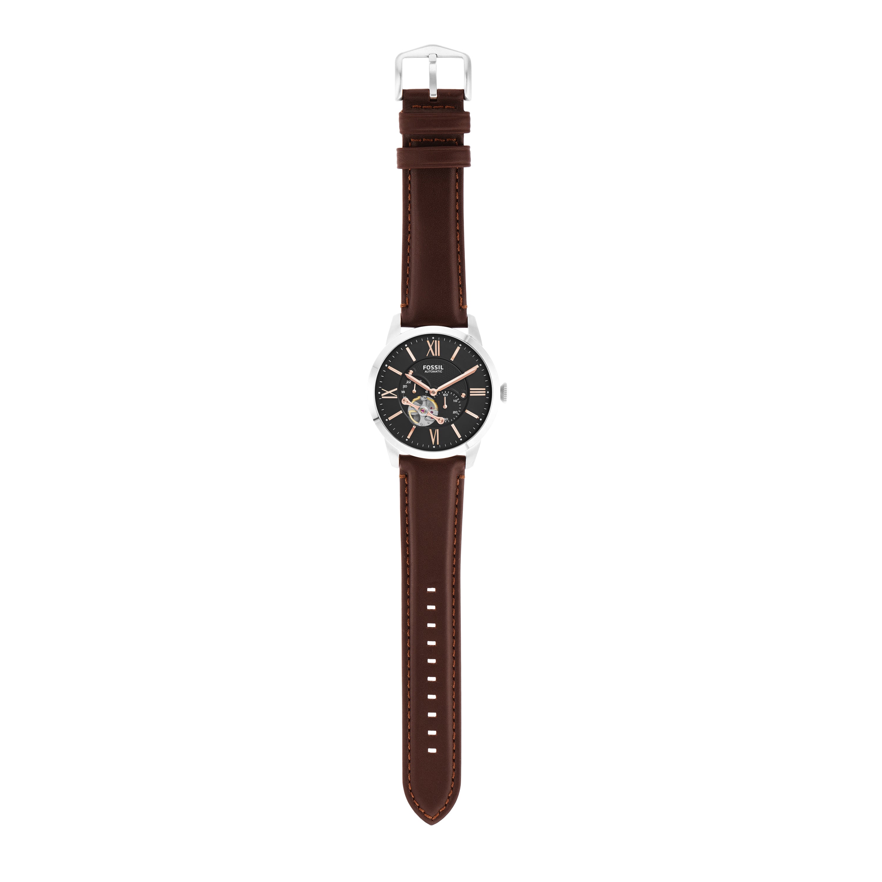 Wristwatch with a brown leather strap and black dial face.
