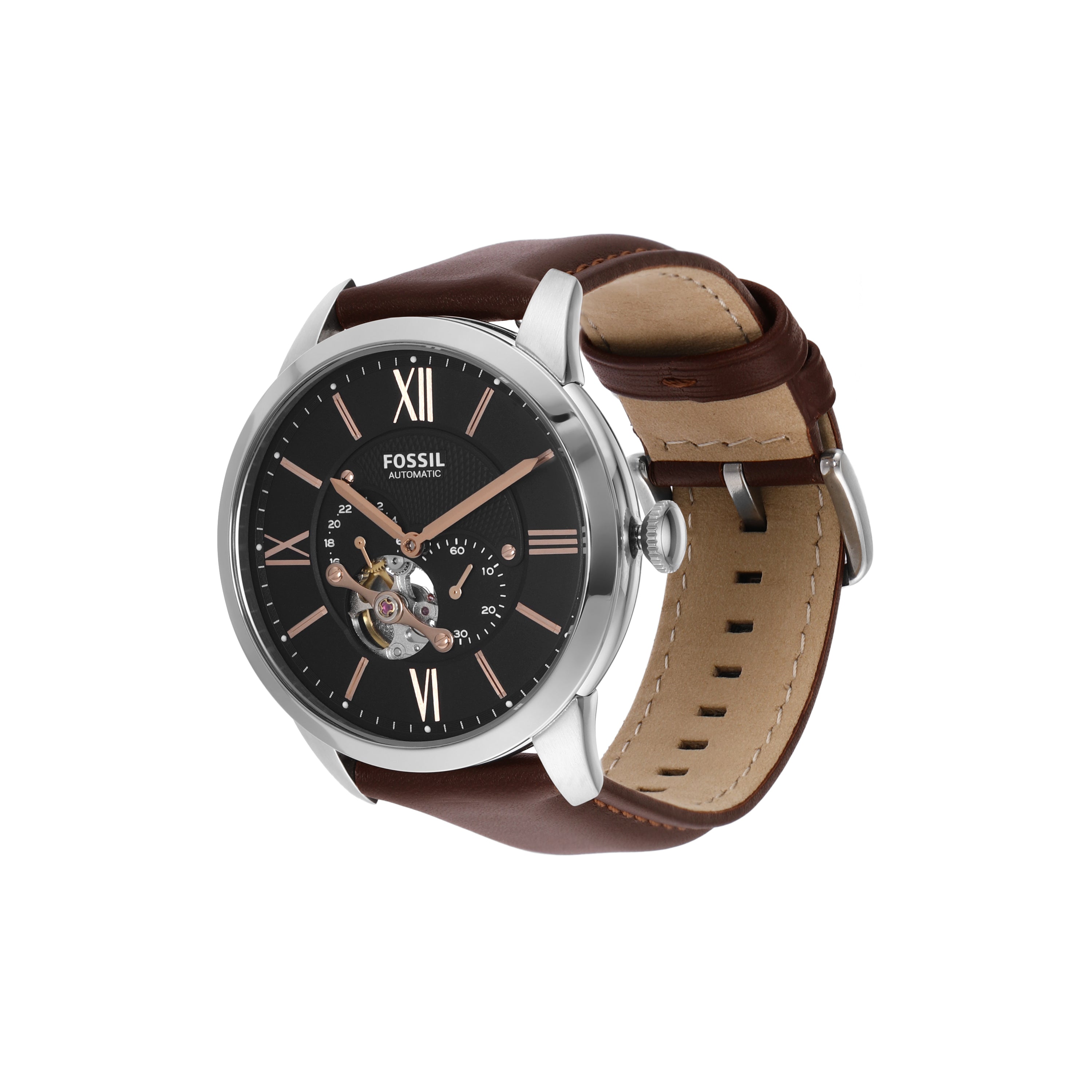 Elegant wristwatch with a brown leather strap and black dial face.