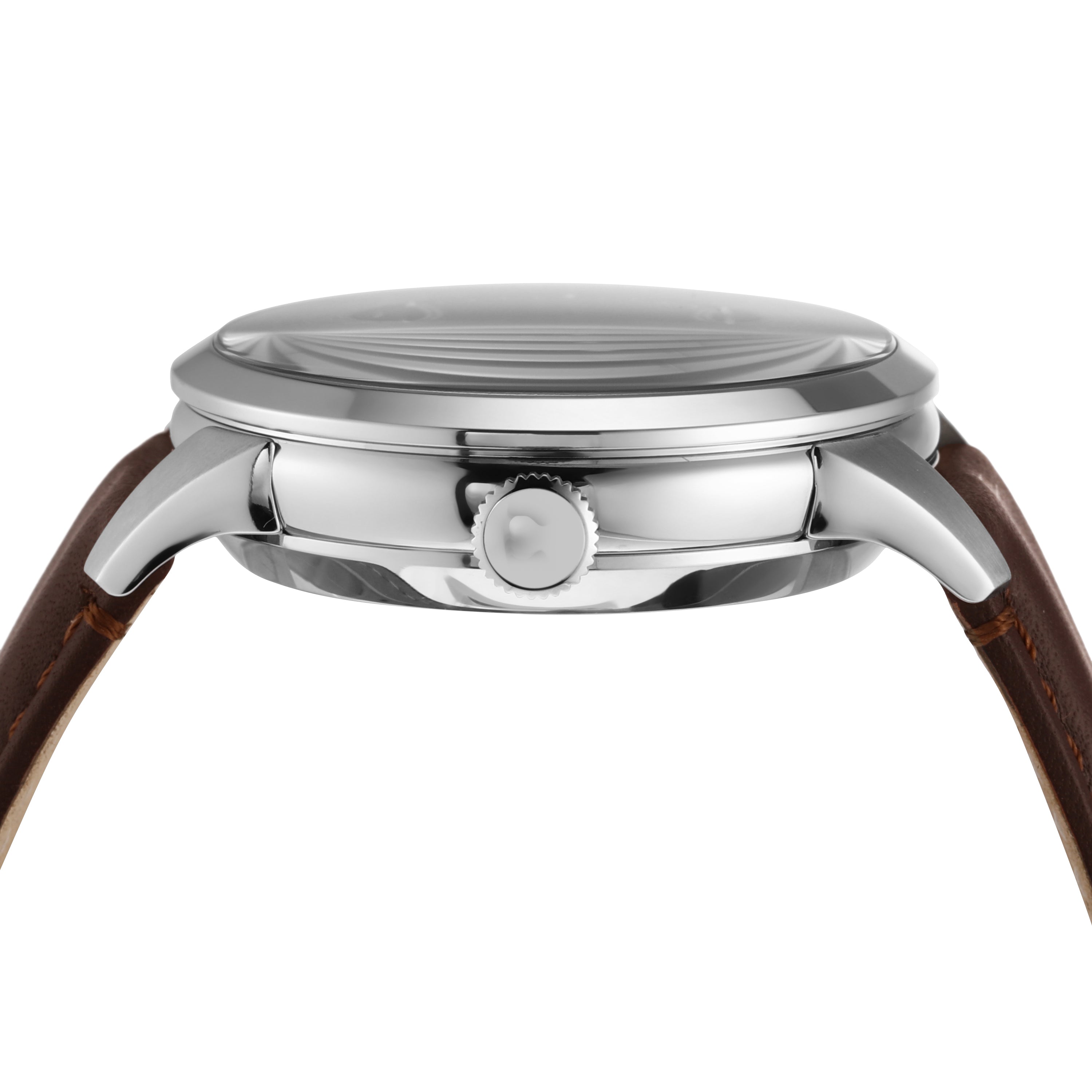 Side view of a wristwatch with a silver case and brown leather strap.