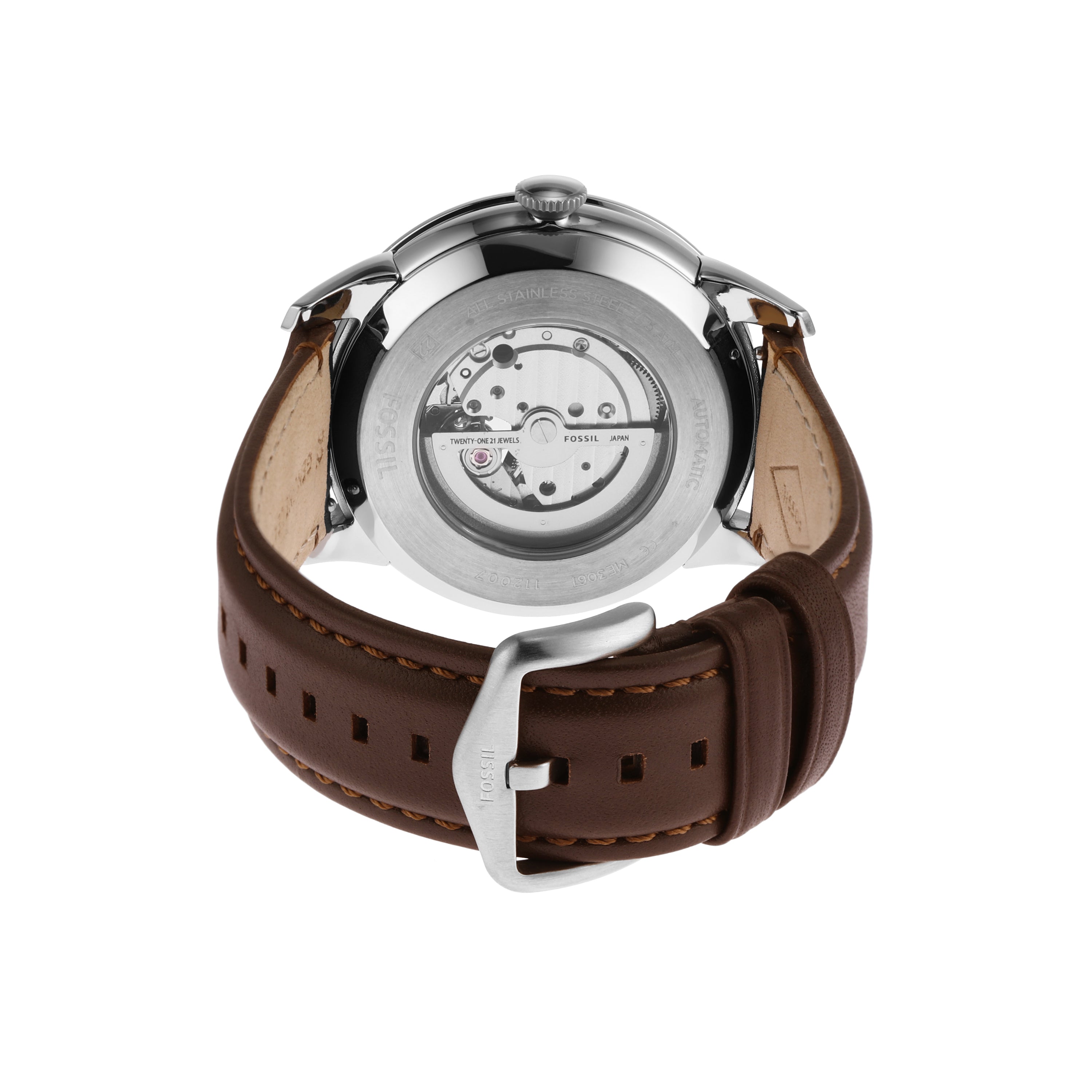 Wristwatch with a brown leather strap and visible mechanical movement through the transparent back.
